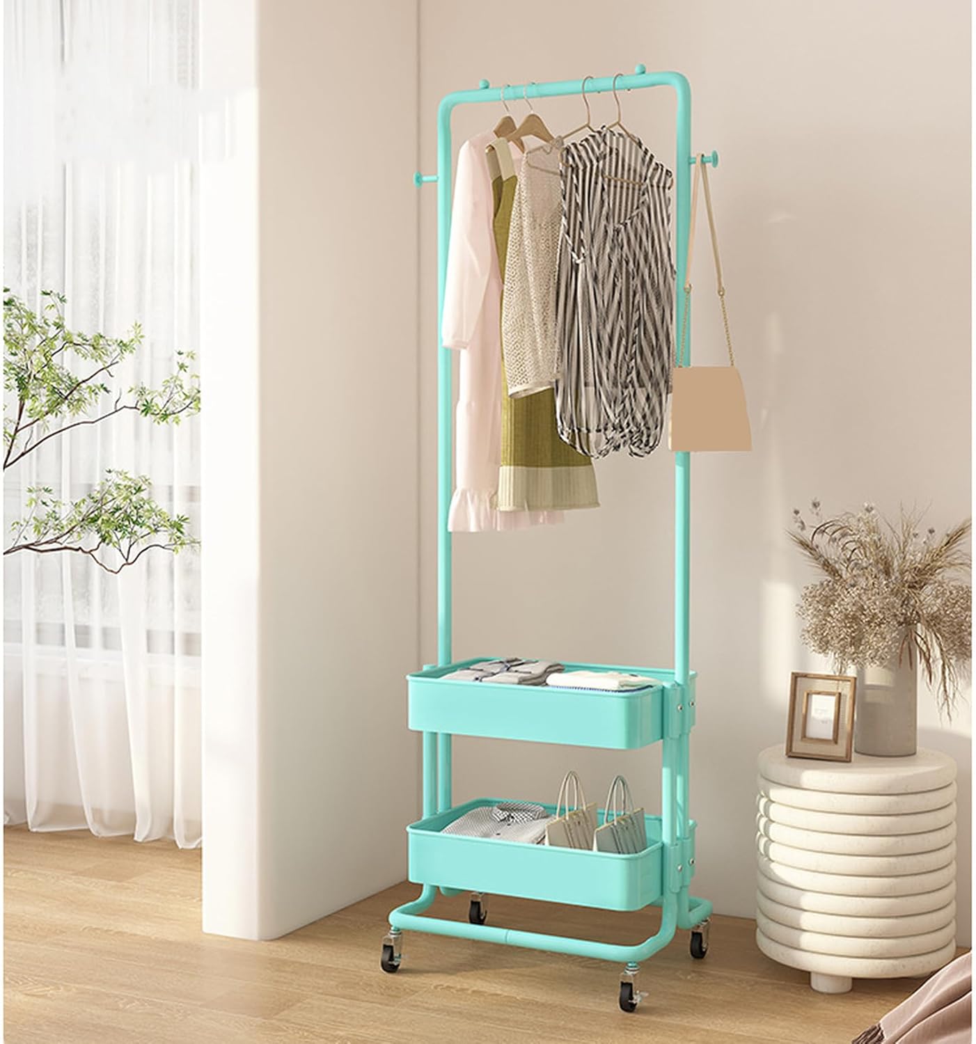[XYJP] ハンガーラック バスケット付き 51cm シングル キャスター付き スリム 洋服ラック パイプハンガー ワゴン カラー