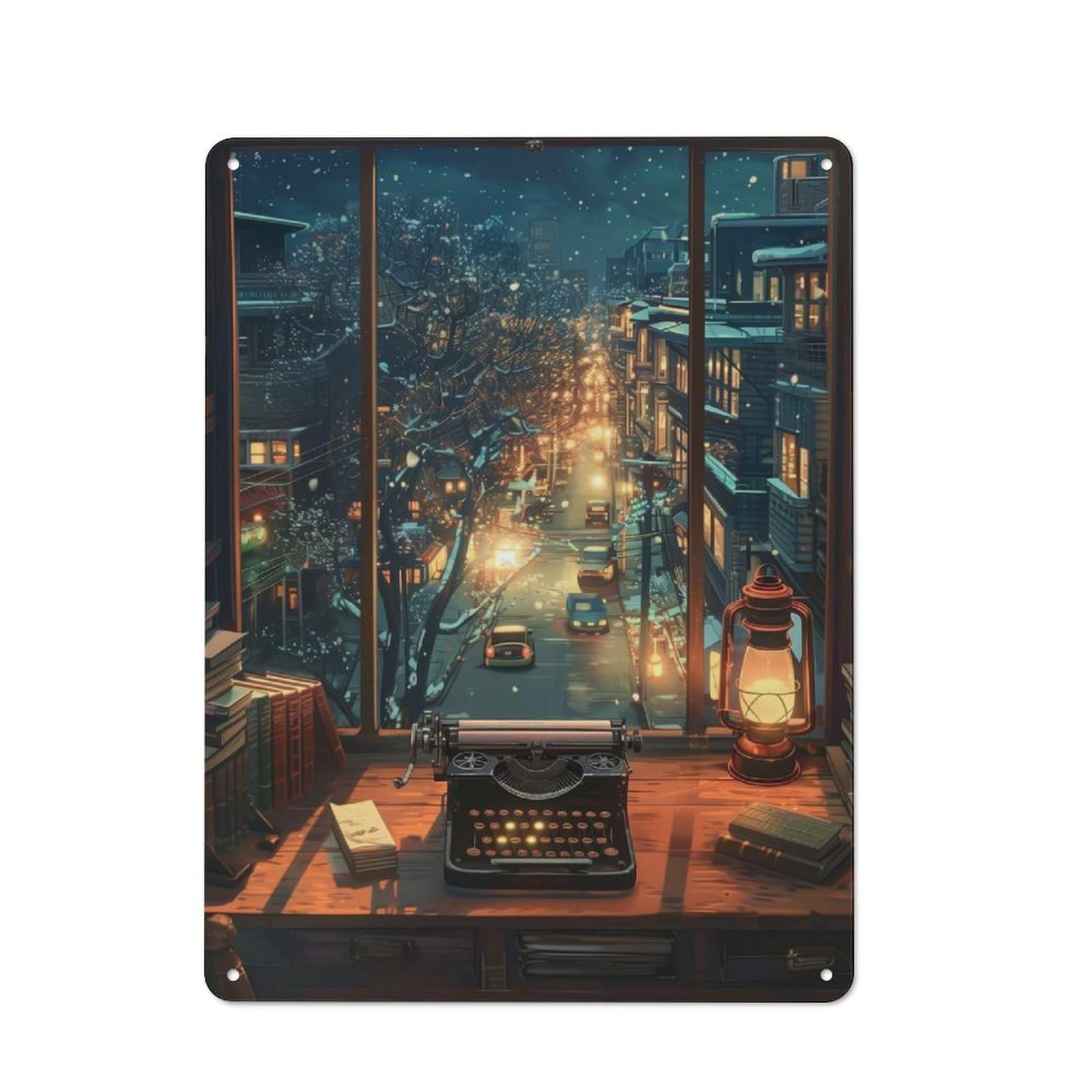 Junmoney Snowy Night View Retro-Style Metal Plaque 40X30cm For Garage Or Workshop, For Garage, Workshop And Man Cave Decoration