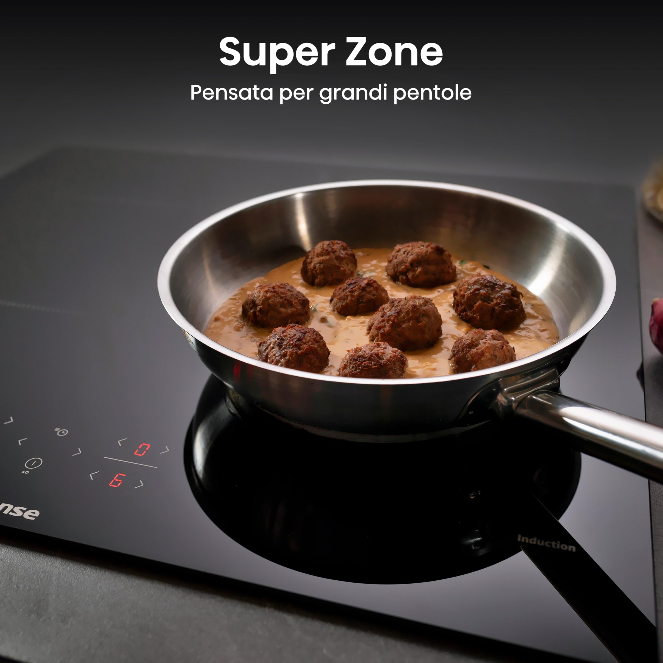 Hisense HI621FM Piano Cottura a Induzione 60 cm, 4 Zone con Connect Zone, Power Boost, 7200W, Touch Control, Timer e Indicatore Calore Residuo, Vetroceramica Nero