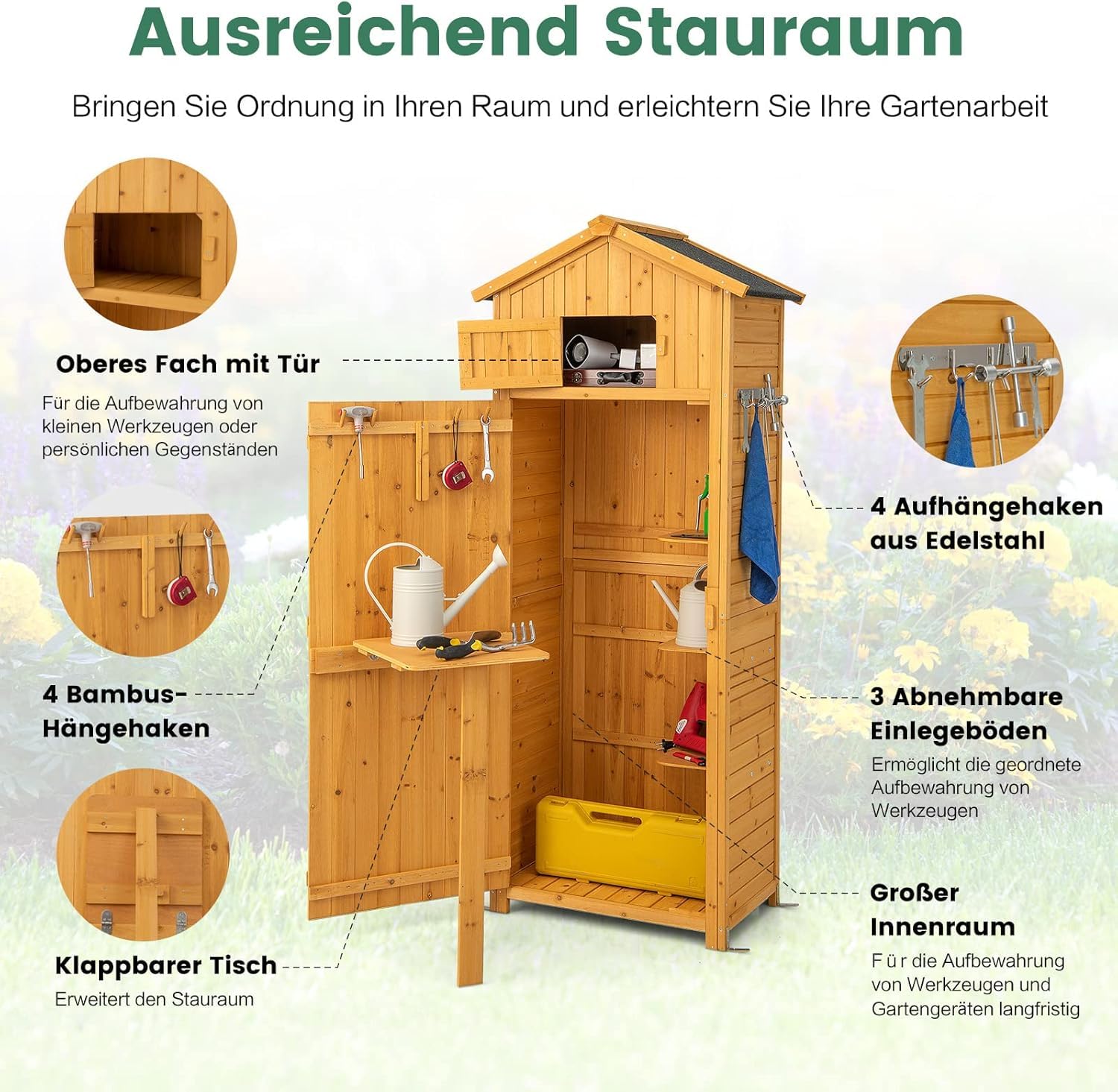 FANTASK Armadio da giardino in legno con tavolo e porta pieghevoli, resistente alle intemperie, capanno degli attrezzi con 8 ganci, capannone in legno con tetto a capanna per attrezzi da giardino