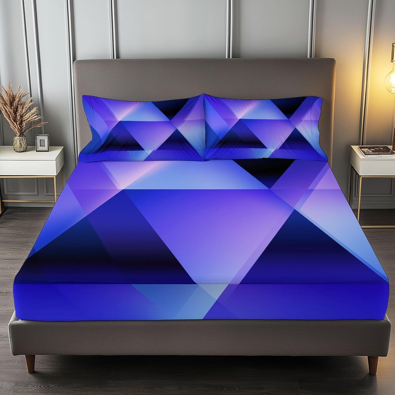 Modern Single Fitted Sheet Geometric Bed Sheets Deep Pocket 12 inch (30 cm) Soft Cozy 3 Piece Microfibre Bed Sheet 90x190 cm with 2 Pillowcases 50x75 cm