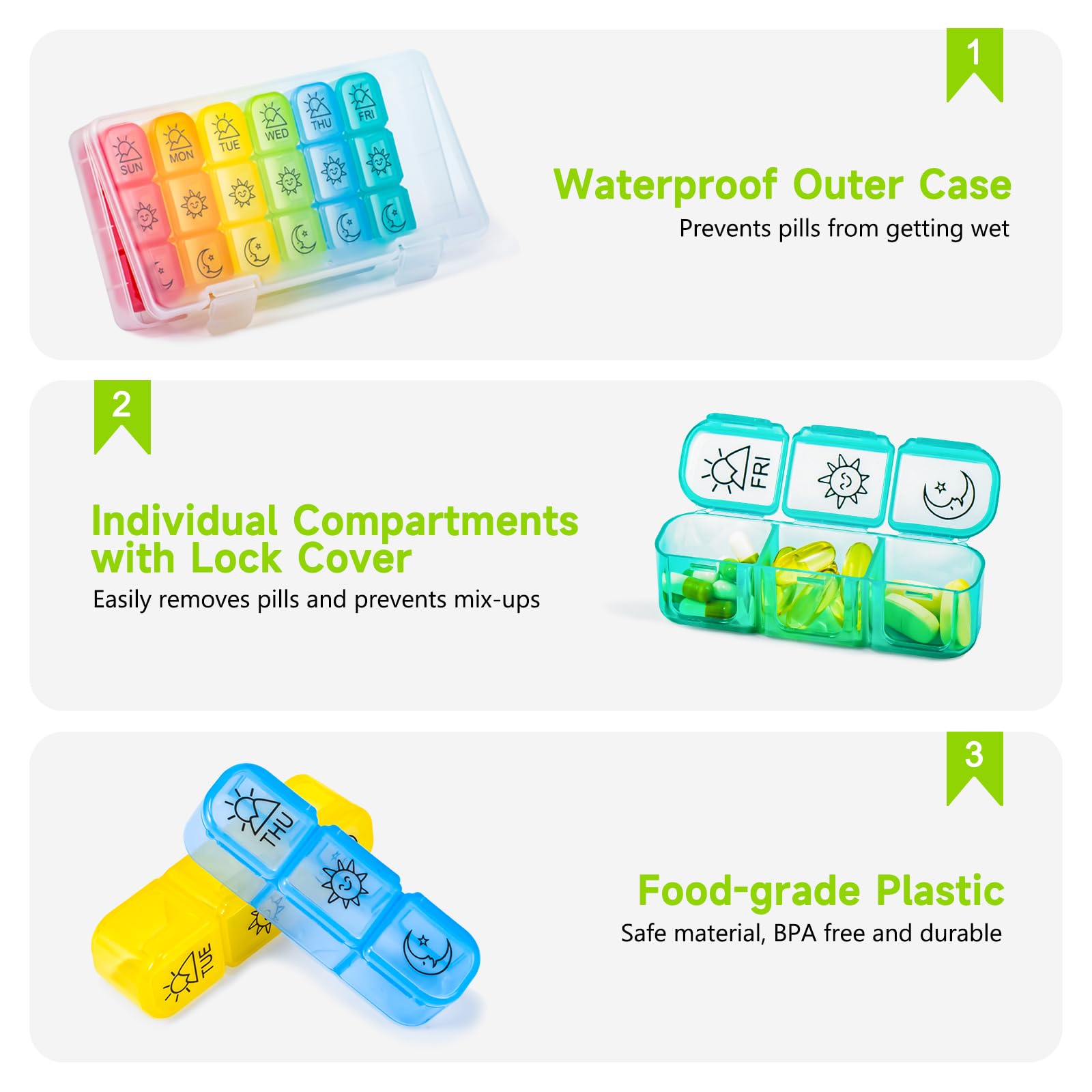 Organizador semanal de píldoras de 7 días, contenedor diario de medicamentos 3 veces al día, soporte para medicamentos para vitaminas, aceites de pescado, suplementos, cepillo profundo para
