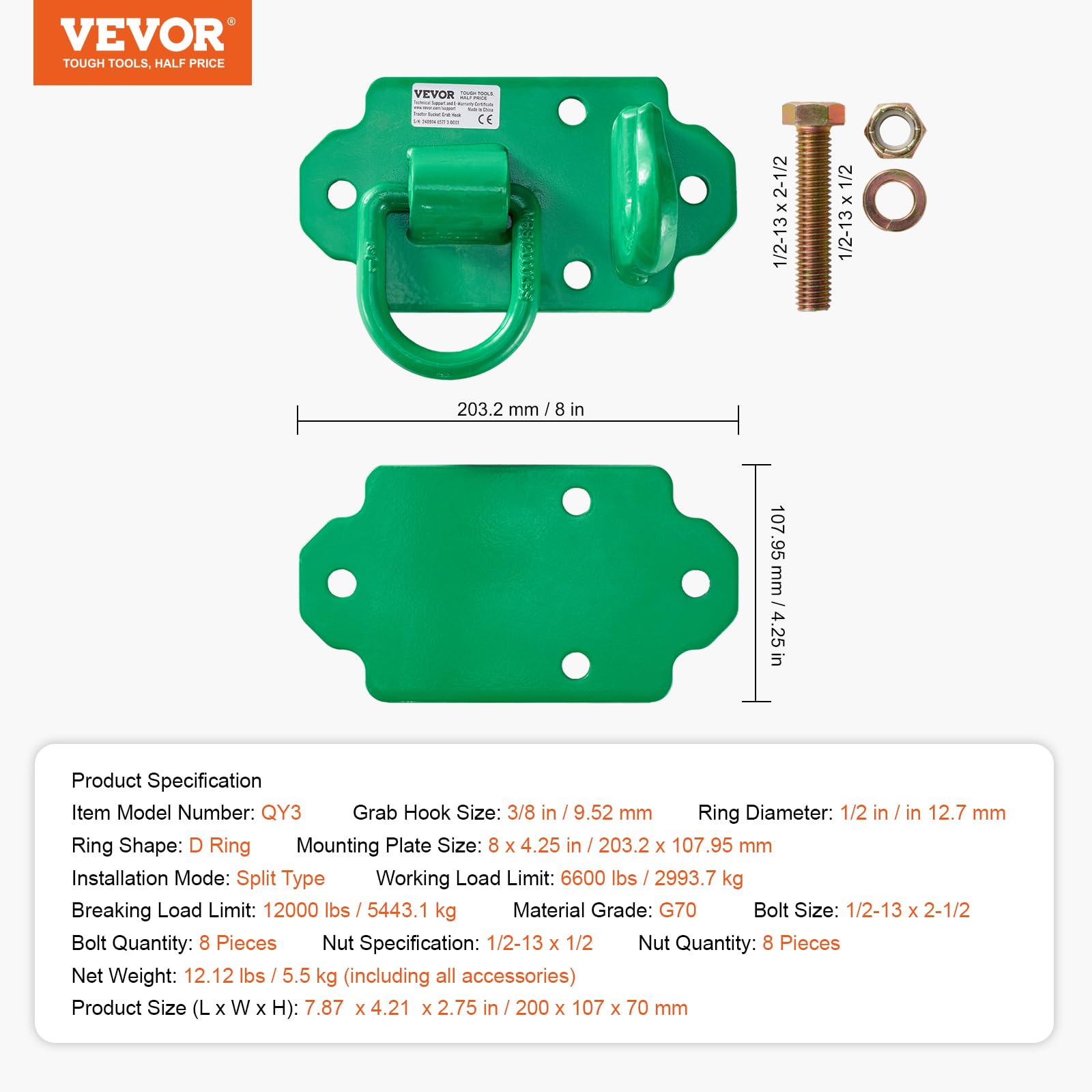 VEVOR Ganci per Pala da Trattore 9,52 mm Ganci di Presa per Benna del Trattore, Acciaio Forgiato Grado 70, Confezione 2 Ganci Avvitati, Piastre Posteriori, Resistenza Massima Rottura 5443,1 kg Verde