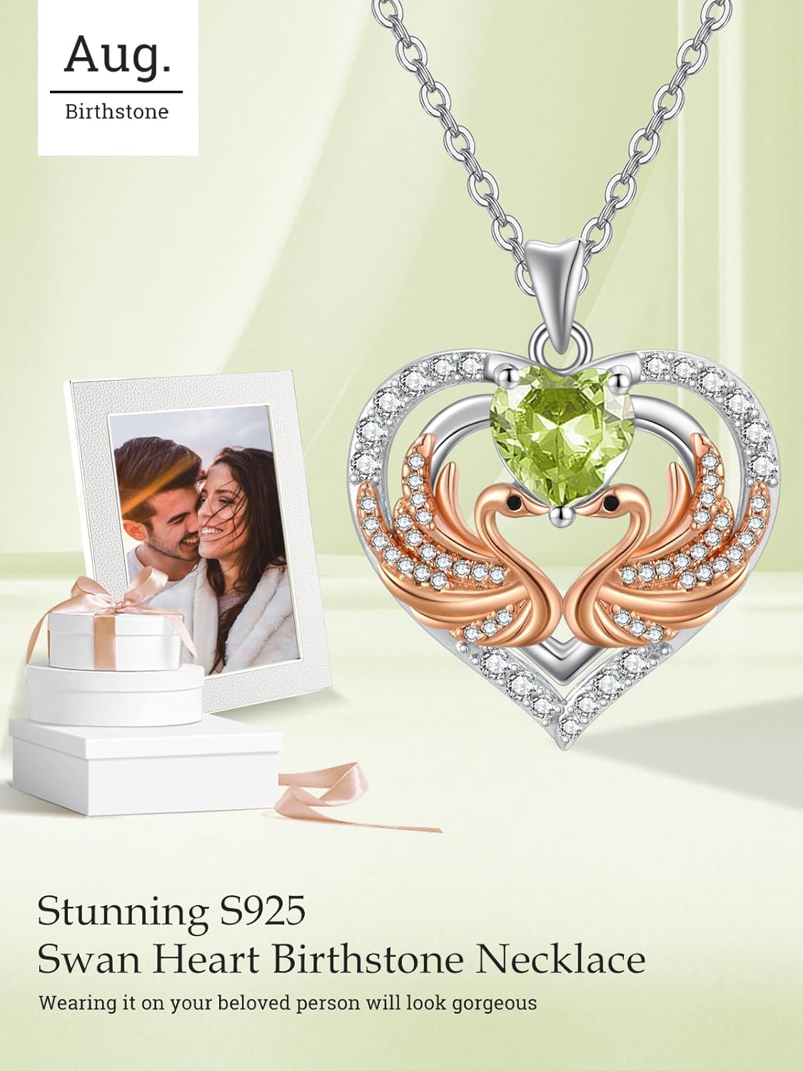 Swan Heart Necklaces for Women, 925 Sterling Silver Heart Jewelry with Birthstone Pendant, Valentines Day Birthday Gifts for Women, 18+2 Inch Chain