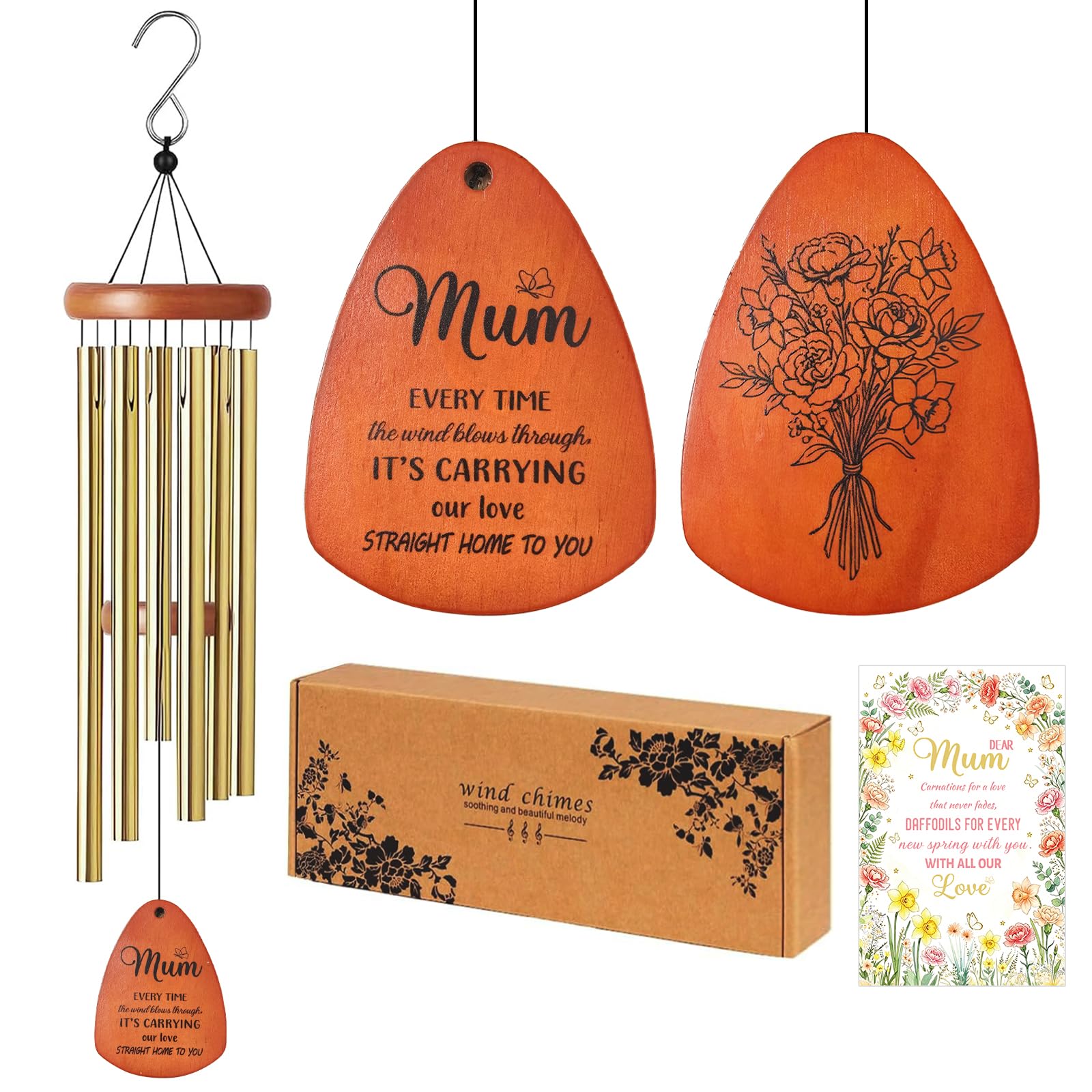 IHCEMIH Mum Gifts for Christmas & Birthday - 26" Wind Chime Gift Set with Floral Greeting Card Engraved Wooden Keepsake Aluminium Tubes, Present for Birthday Mother's Day Christmas from Daughter Son