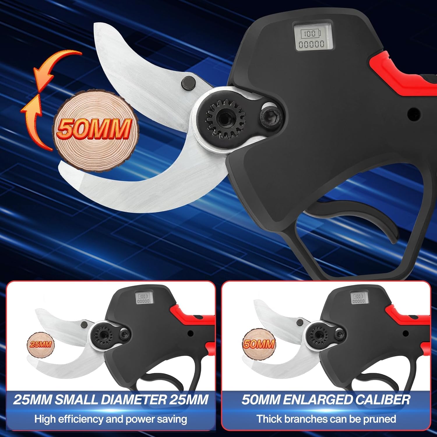 50mm Secateur Electrique Sans Fil Secateur Telescopique Electrique: Sécateur Électrique avec 2 x 2000mAh Batterie Élagueuse, Diamètre De Coupe et Secateur de Jardin pour Hedge, Arbre, Fruits