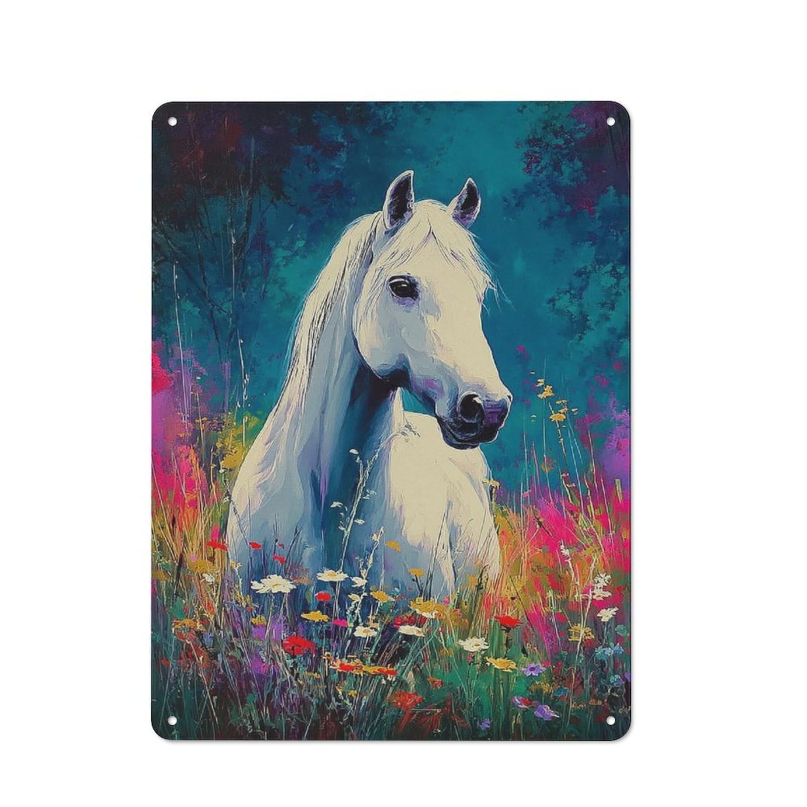 Junmoney Painted Horse In Wildflowers Rustic Metal Wall Decor 40X30cm, Decorative Tin Sign For Farmhouse Kitchen, Pantry Or Dining Area