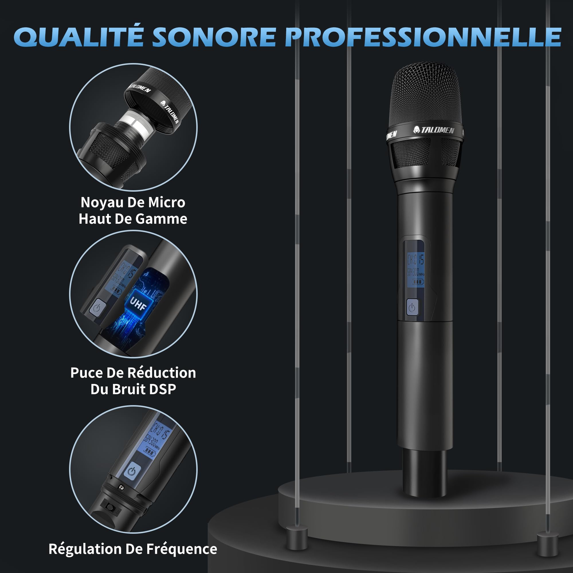 talomen Micro sans Fil UHF, Set de 2 Microphones à Main Dynamiques en Métal, Auto Scan, Portée 120 m, Récepteur Double Canal, Idéal pour Chant, Karaoke, Fête, DJ, Église – K120 Noir