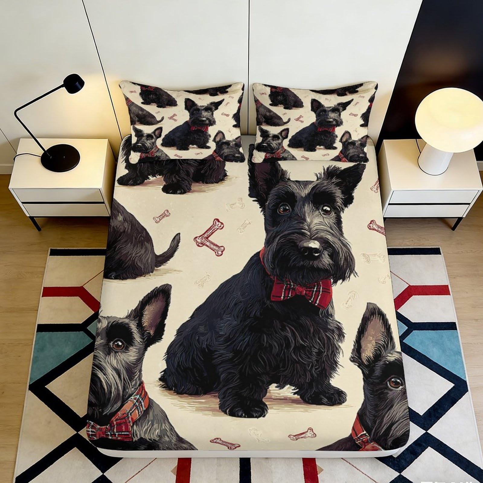 3D Printed Scottish Terrier Fitted Sheet Microfiber Soft Dog Pattern Bed Cover for Bedroom Dorm Protection Decor 160x200x25cm