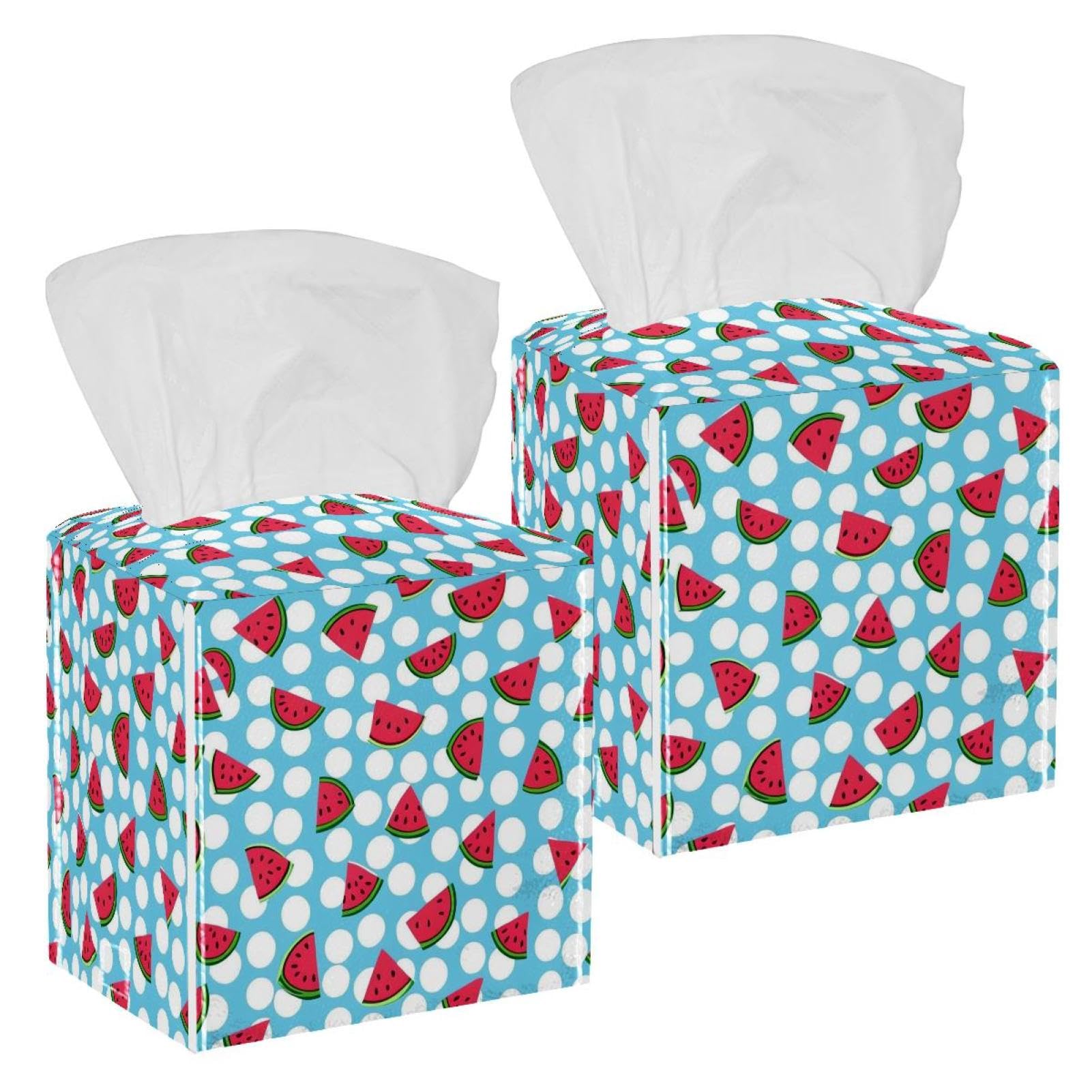 Watermelon Tissue Box Cover, 2 Pack PU Leather Square Facial Tissue Dispenser Box holder for Home Office Car