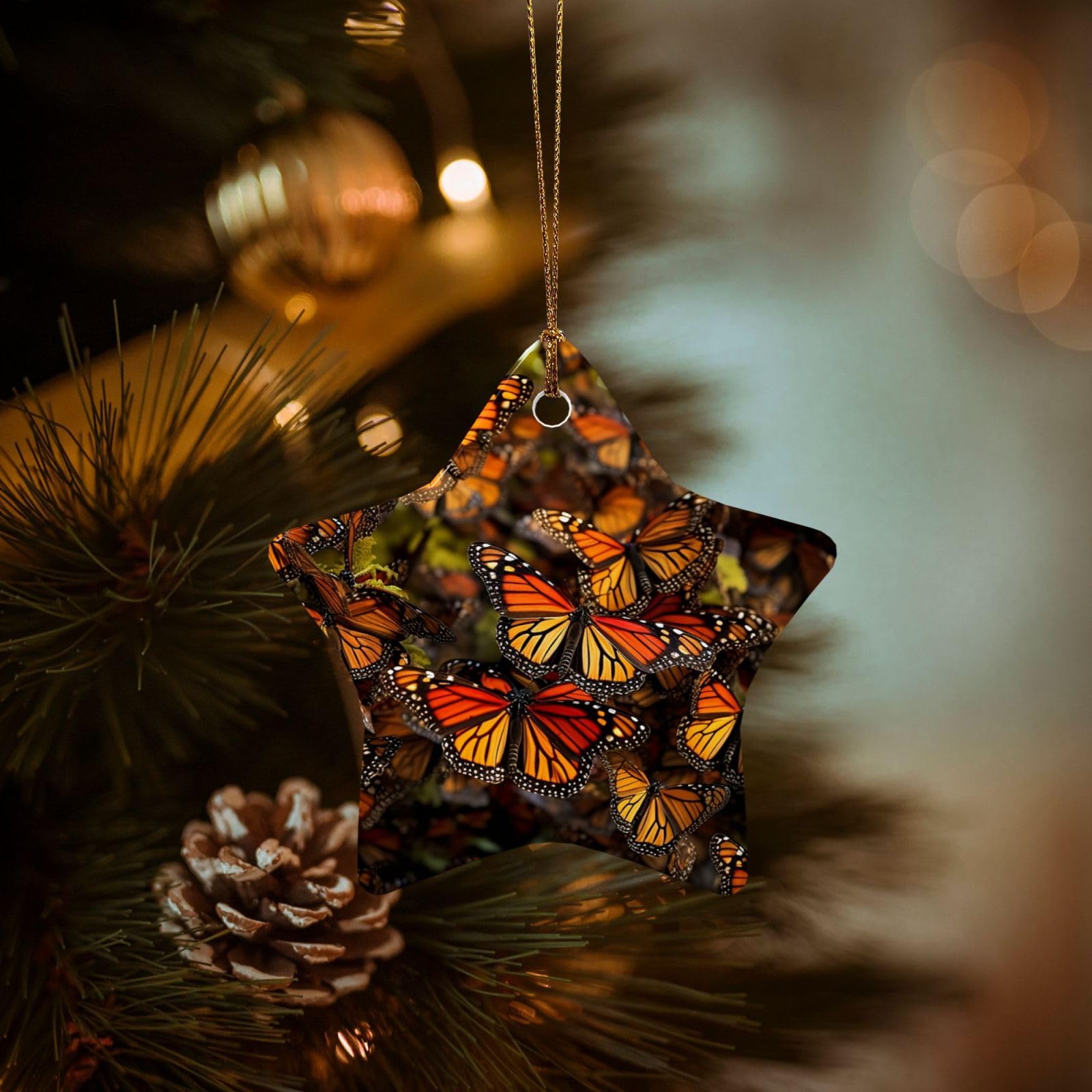 Christmas Ornaments for Christmas Tree Decoration Hanging Monarch Butterflies Ornament with Gold Ribbon Crafts Star Shape Ceramic Pendant for Keepsake Gifts Xmas Decor Party Supplies