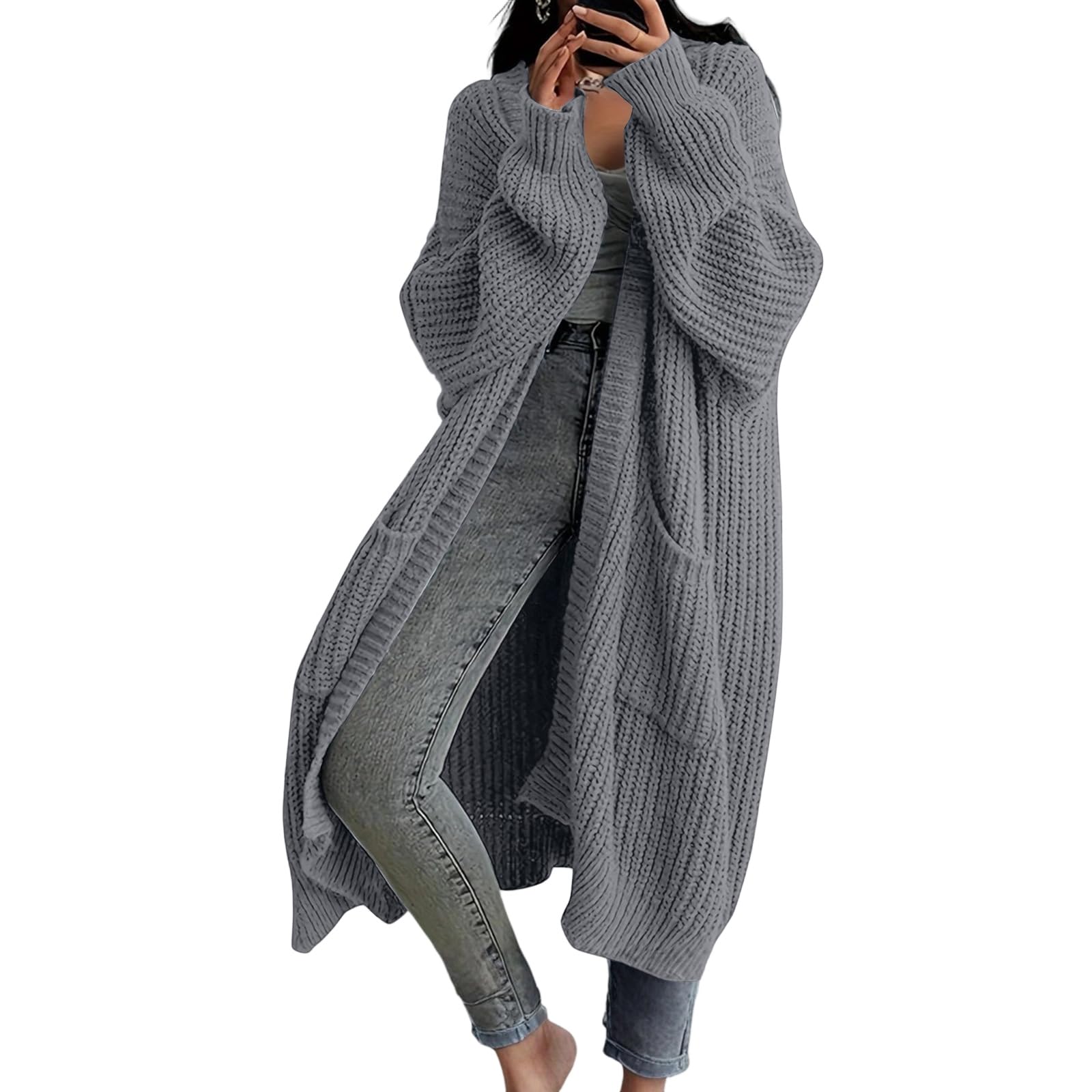 Long Cardigan Sweaters for Women Open Front Oversized Cable Knit Sweater Fall Winter Cute Cardigan Coat with Pockets