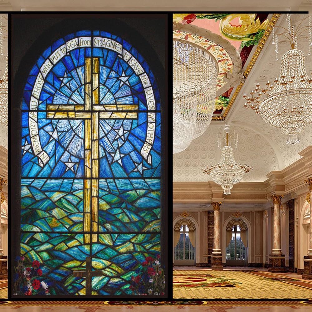 Privacy Window Film Church Stained Glass Decorative Film Glue Free Static Cling Stickers for Home Office W34.6 x H59.1(88x150cm)