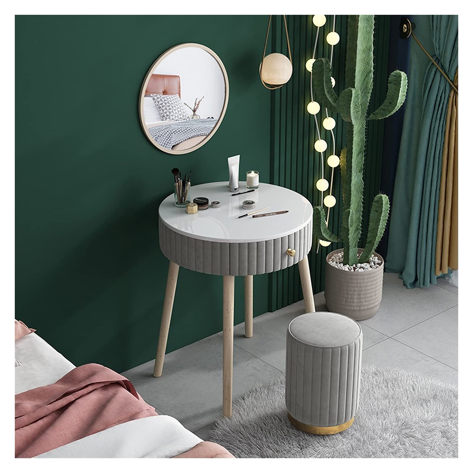 CGCSYZ Vanity Desk Small Makeup Vanity Set Dressing Table with Round Wall-mounted Mirror and Cushioned Stool Diameter 60cm, H 77cm Makeup Dressing Table (Gris)
