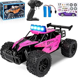 Joellfuner Coche Teledirigido para Niños, 2.4Ghz 1:16 Carro telecomandado con Cuatro Colores luz LED, 2WD 20KM/H Offroad Monster RC Truck con Marchas Altas y Bajas, RC Coche para de 3+ años (Rosa)