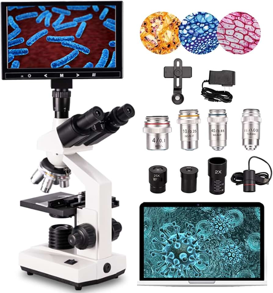 MicroscóPio Trinocular Composto, 40x-5000x Digital Laboratory Trinocular Compound Led Microscope-5 Million Pixel Electronic Eyepiece+Display Screen,Para Aquicultura/EducaçãO/QuíMica,White
