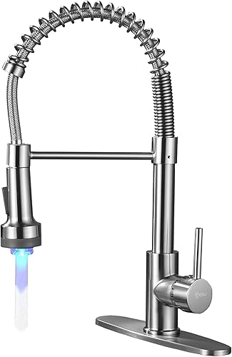 Miniatura 7 de ECHLI Grifo de fregadero de cocina, grifo de acero inoxidable con resorte extraíble de una sola manija con rociador con luz LED para bares,