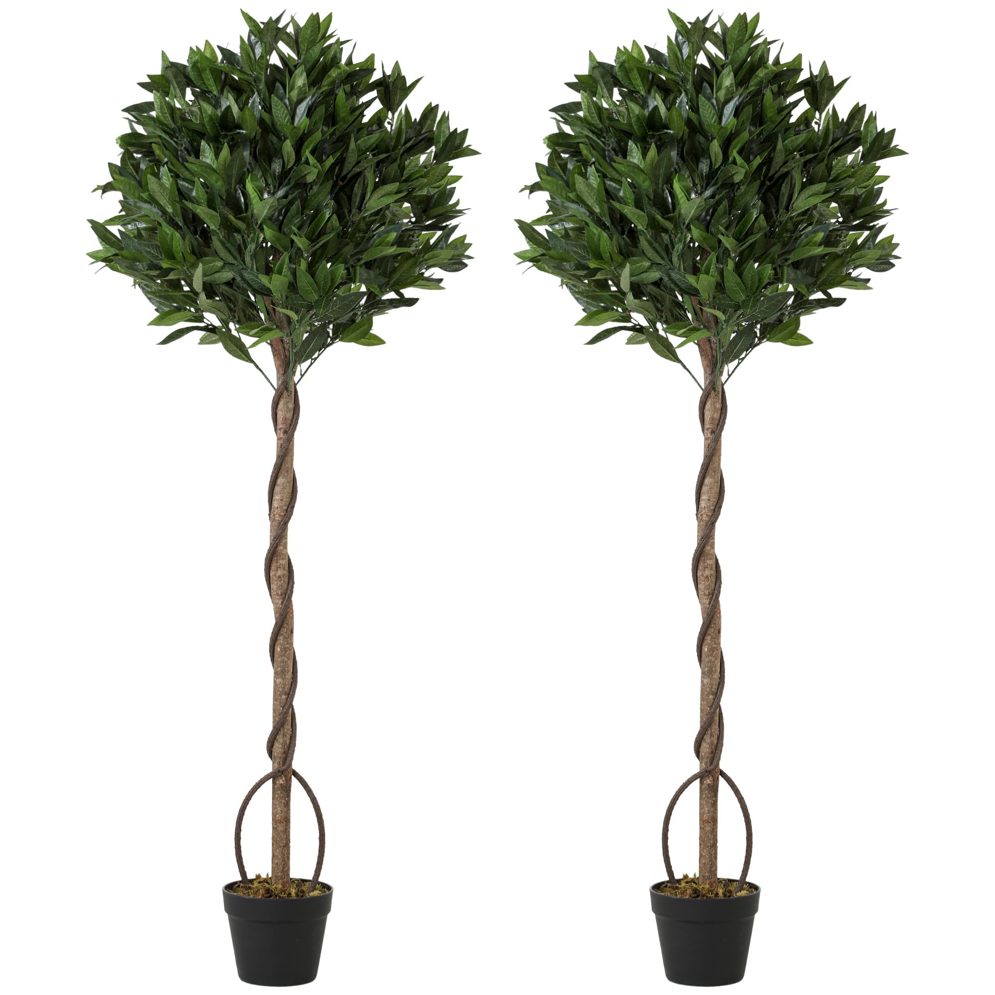 Outsunny Artificial Bay Laurel Topiary Trees with Twisted Trunk, Realistic Lush Topiary Ball Tree with Weighted Pot, 5FT Indoor Greenery Plant for Home Office Decor, Set of 2, Green