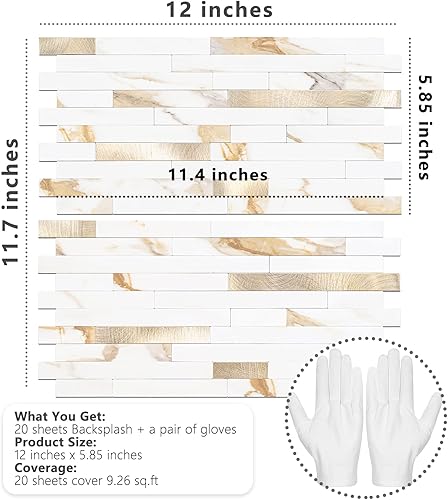 Miniatura 7 de STICKGOO 20 hojas de azulejos autoadhesivos para salpicaduras de cocina y baño, azulejos de pared autoadhesivos de PVC con aspecto de mármol dorado