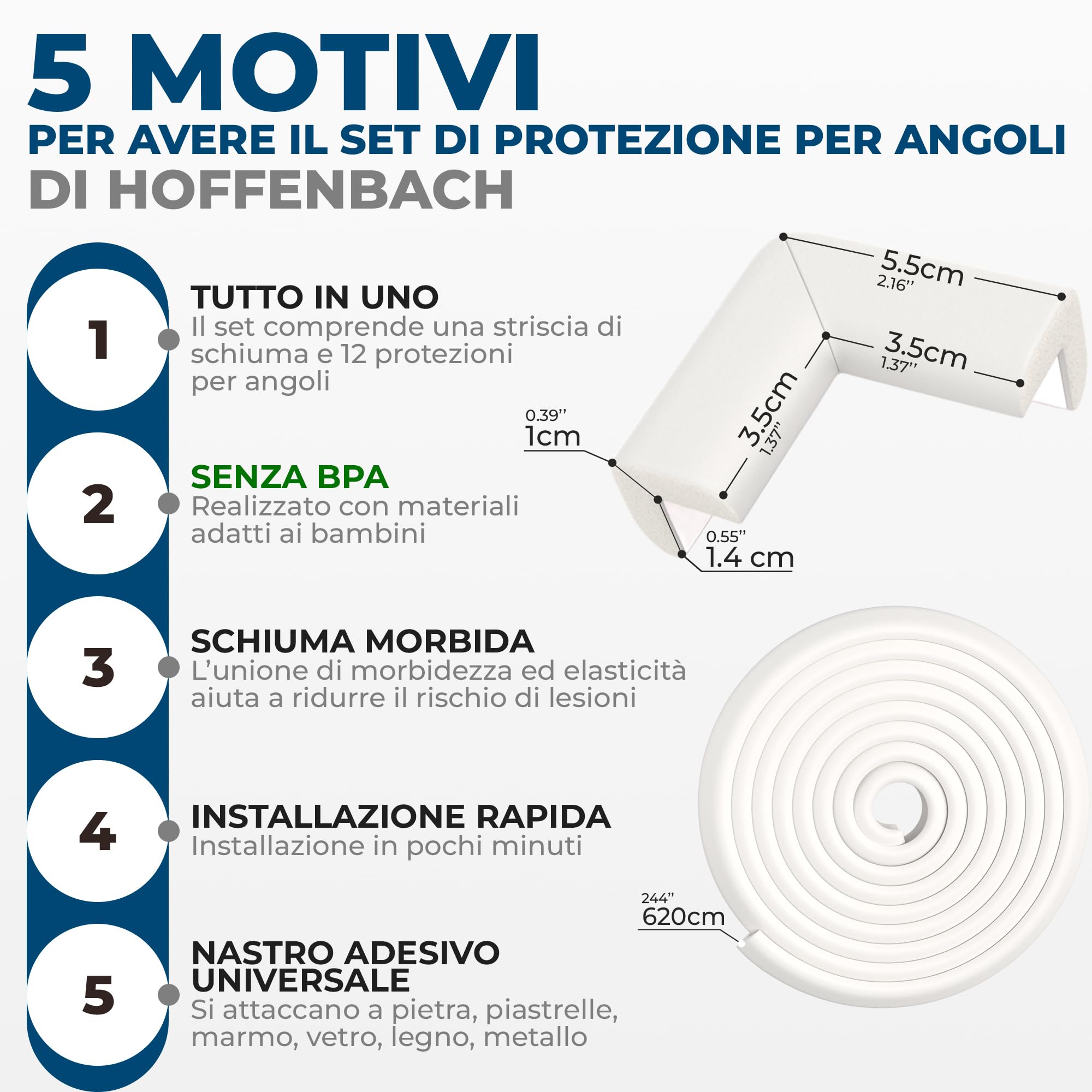 Hoffenbach Paraspigoli per Bambini, 6,2 m + 12 Angolari, Paracolpi Lettino Neonato e Mobili, Para Spigoli Bimbi in Gomma, Bianco Lana - 3