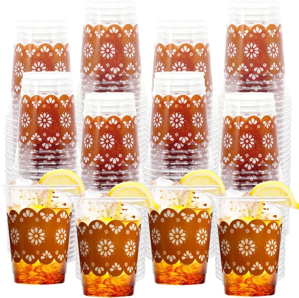 100 Pcs 12 oz Cielito Lindo Disposable Plastic Cups Party Decoration, Copas De Barro Mexican Dinnerware Terracotta Flower Clay Drinking Cups for Baby Shower Birthday Talavera Wedding Party Supplies