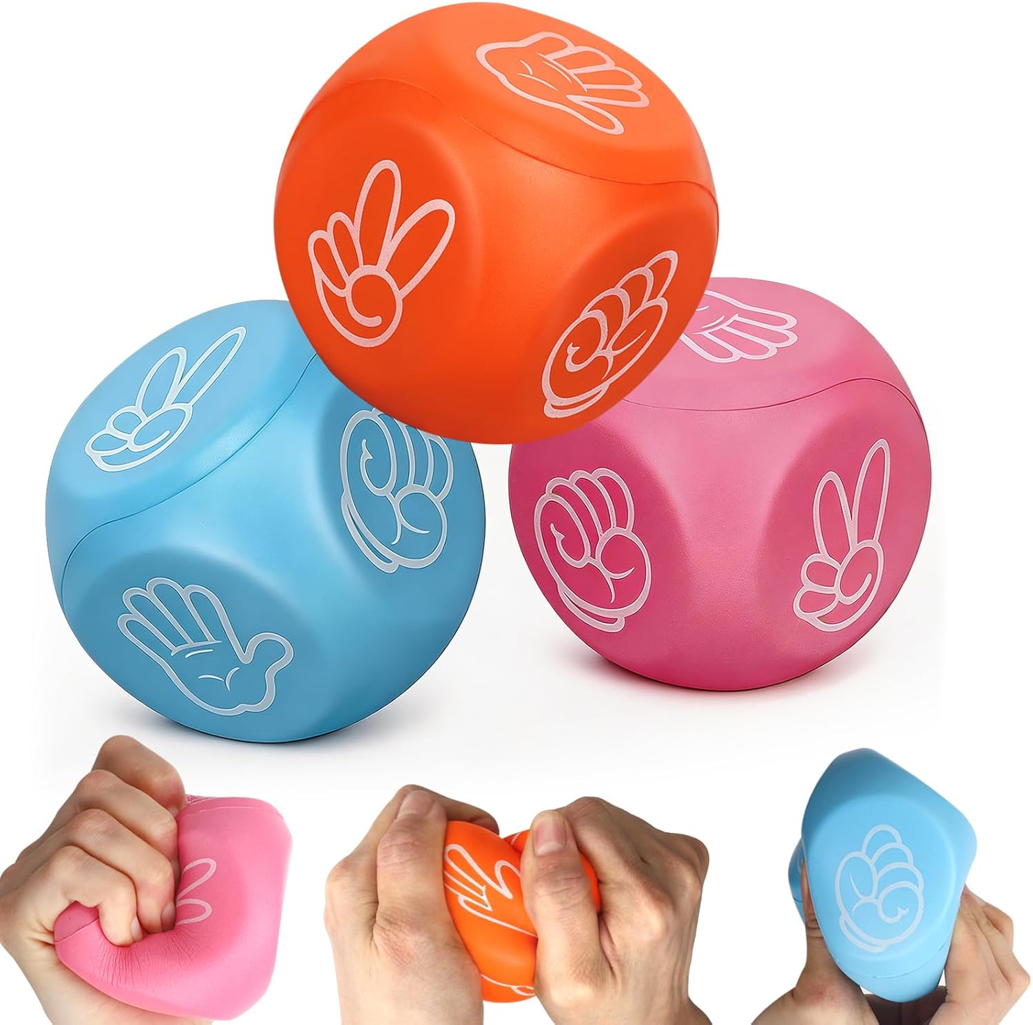 Foam Dice Squeeze Toy, Fidget Toy Sensory Ball for Finger Guessing Game, 2.7inch 6 Sided Rock Paper Scissors Game Dice for Adults Kids Stress Relief, Goodie Bag Filler Classroom Prize Learning 3PCS