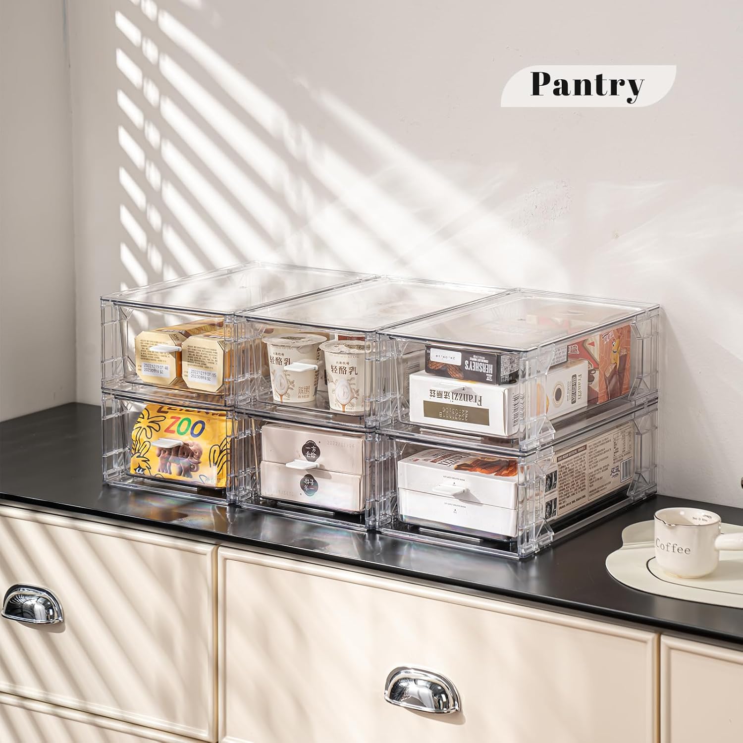 4 Pack Stackable Storage Drawers, Plastic Clear Organizer Bins with Handles, Easily Assemble for Undersink, Kitchen Cabinet, Fridge, Closet, Pantry, Office, Bathroom