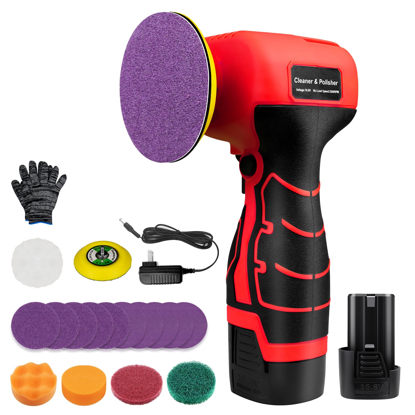 Cordless Sander, 3" Palm Sander with 16.8V 3.0Ah Li-ion Battery, 3500RPM Mini Polisher, 19 Accessories Sanders Tool for Sanding/Polishing/Waxing/Cleaning