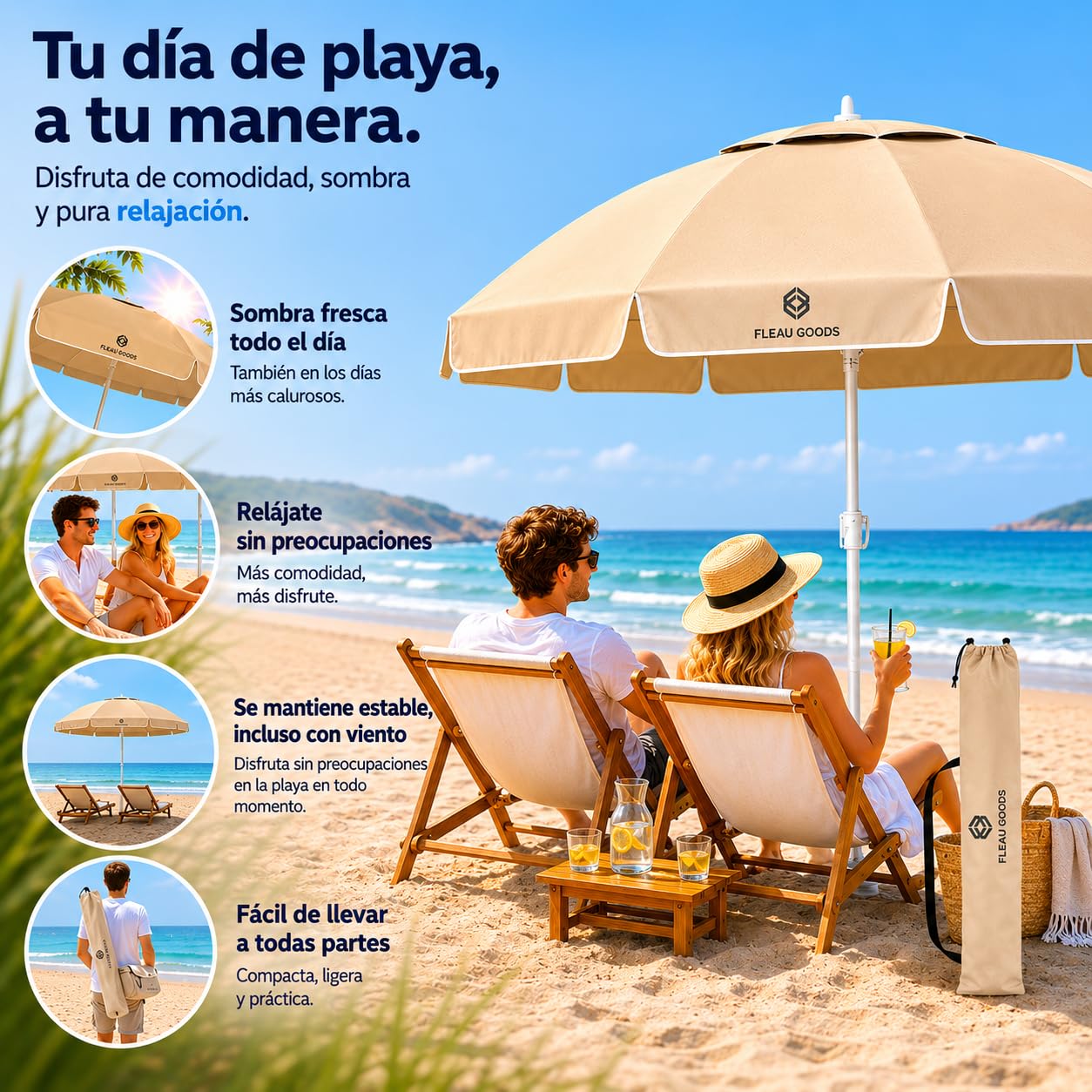 Fleau Set de playa protección solar 175 cm - Set de sombrilla - Incluye base y funda - Set de playa con esterilla de playa