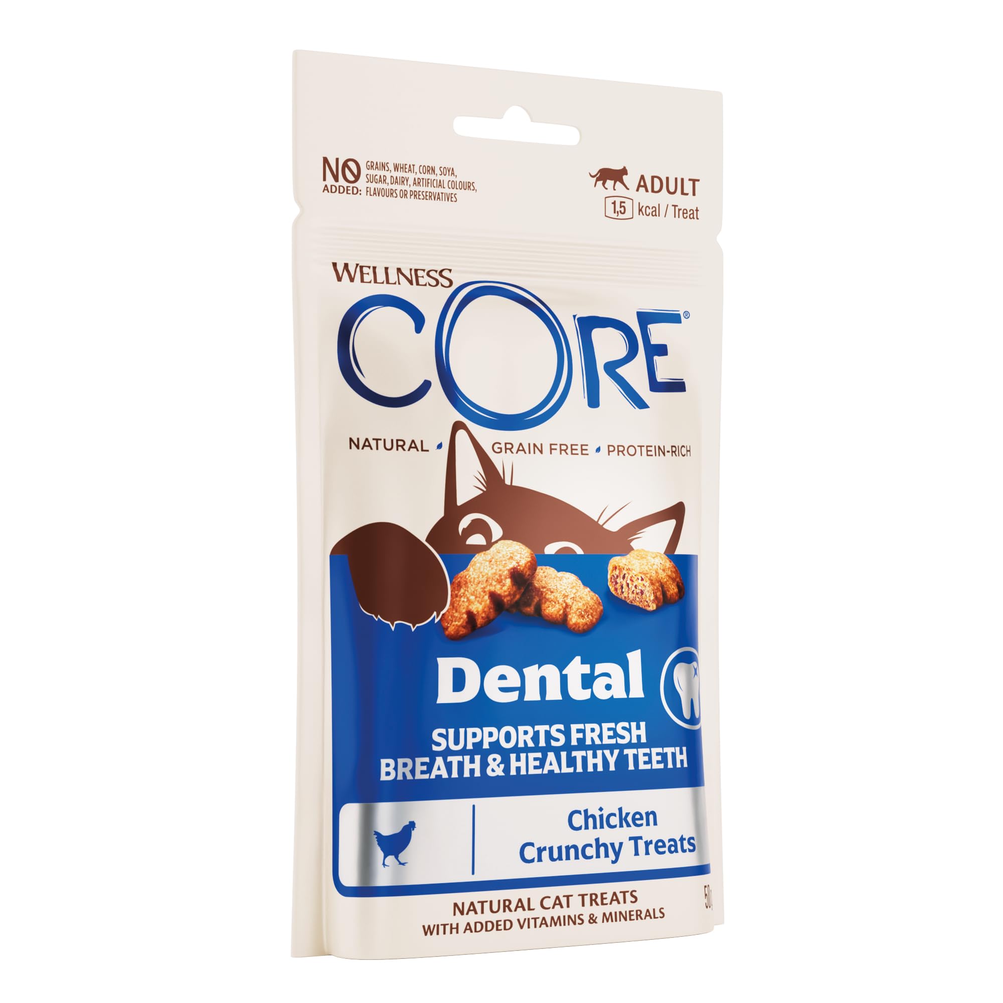 Wellness CORE Dental Treats 50g, Chicken – Cat Treats, Grain-Free, Natural, Hypoallergenic, Protein-Rich, High Meat Content, Supports Oral Health