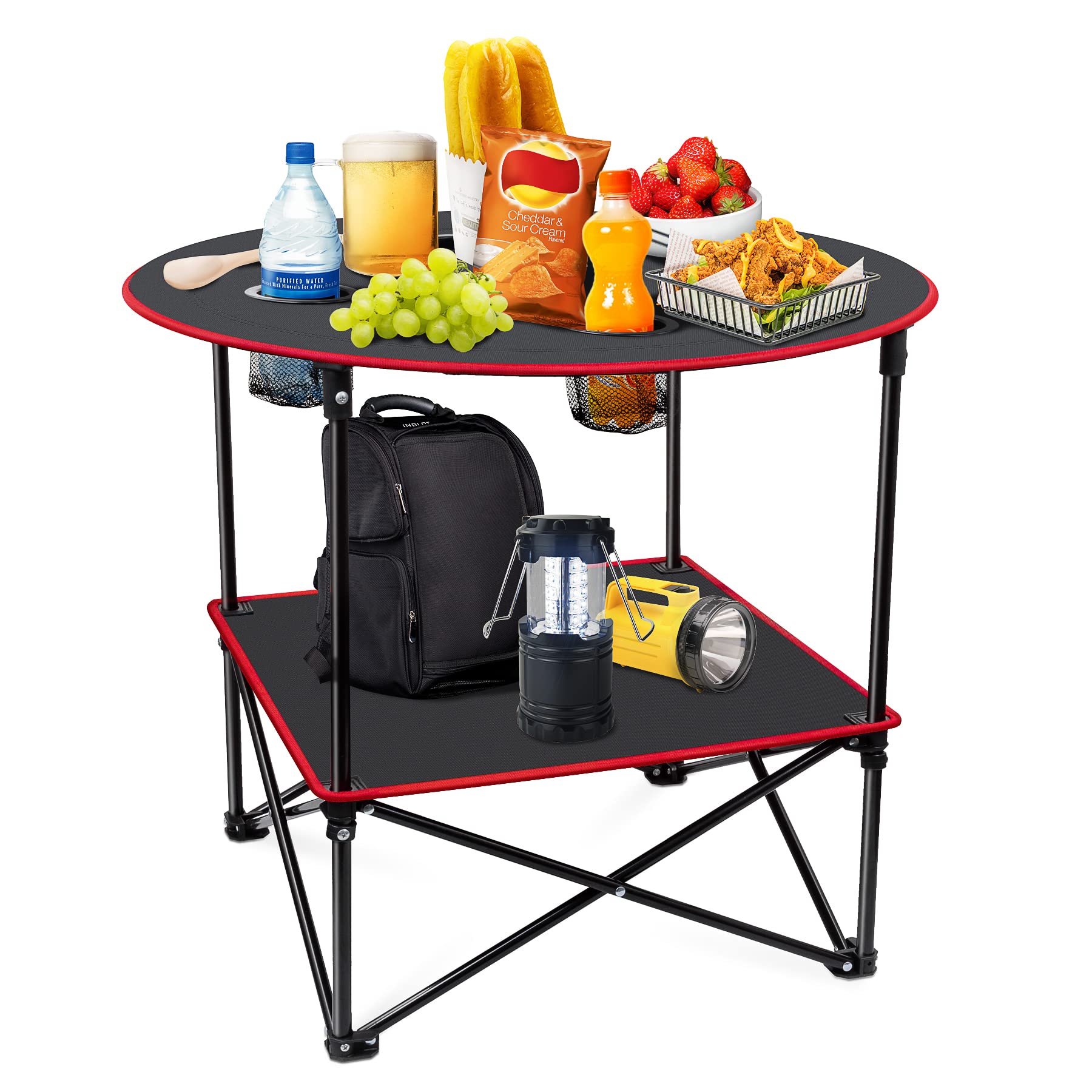 Portable Camping Table Folding Picnic Tables 4 Foot Folding Table Waterproof Canvas Beach Table for Outside with 4 Cup Holders & Carry Bags for Camping, Beach, Campfires and Tailgating