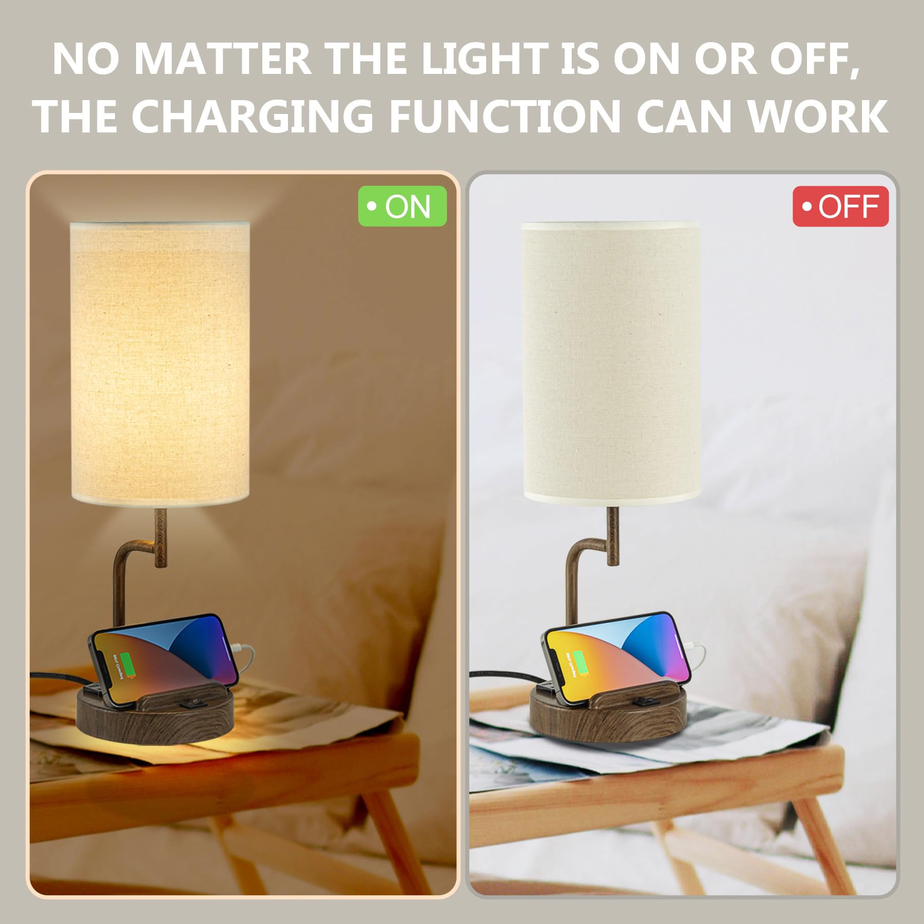 Dreamholder Lámpara de mesa con 3 puertos de carga USB, moderna lámpara de escritorio con salida de CA y soportes para teléfono, lámpara de noche perfecta para dormitorio, sala de estar, oficina