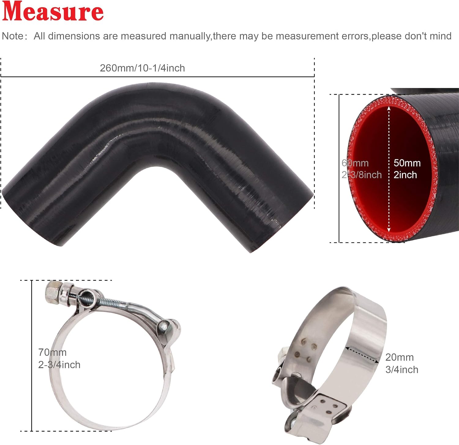 90 Degree Elbow Coupler Silicone Hose 4-Ply 2-inch(51mm) for Turbo/Intercooler/Intake Piping,Length 102mm Thickness 5mm with T-Bolt Clamp