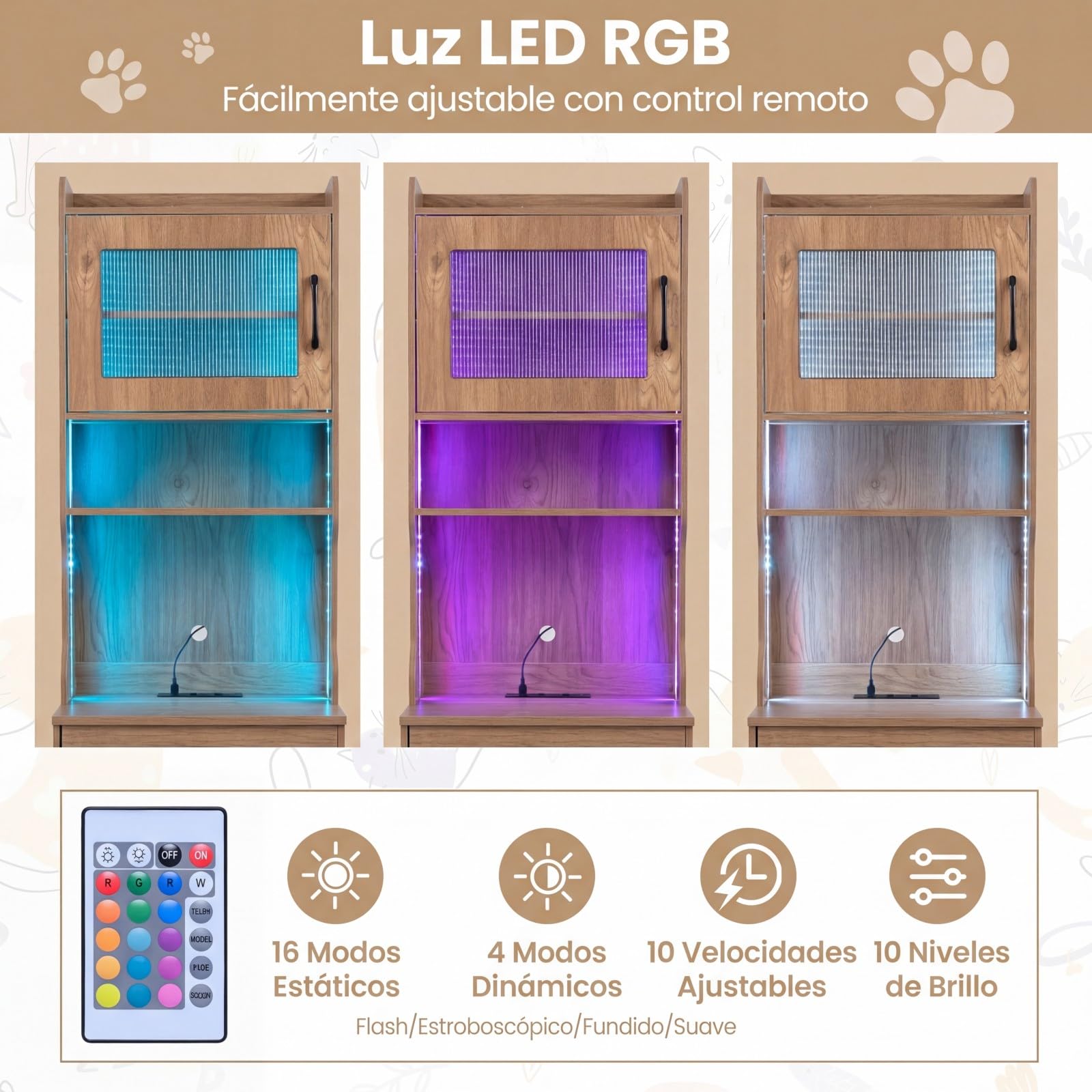 COSTWAY Mueble Arenero Gatos Alto con Luz LED, Armario Arenero para Gatos con Estantes, Estación de Carga, Cajón, 20 Modos de Luz, Control Remoto, Mueble Auxiliar para Gato, 50x45x152 cm (Natural)