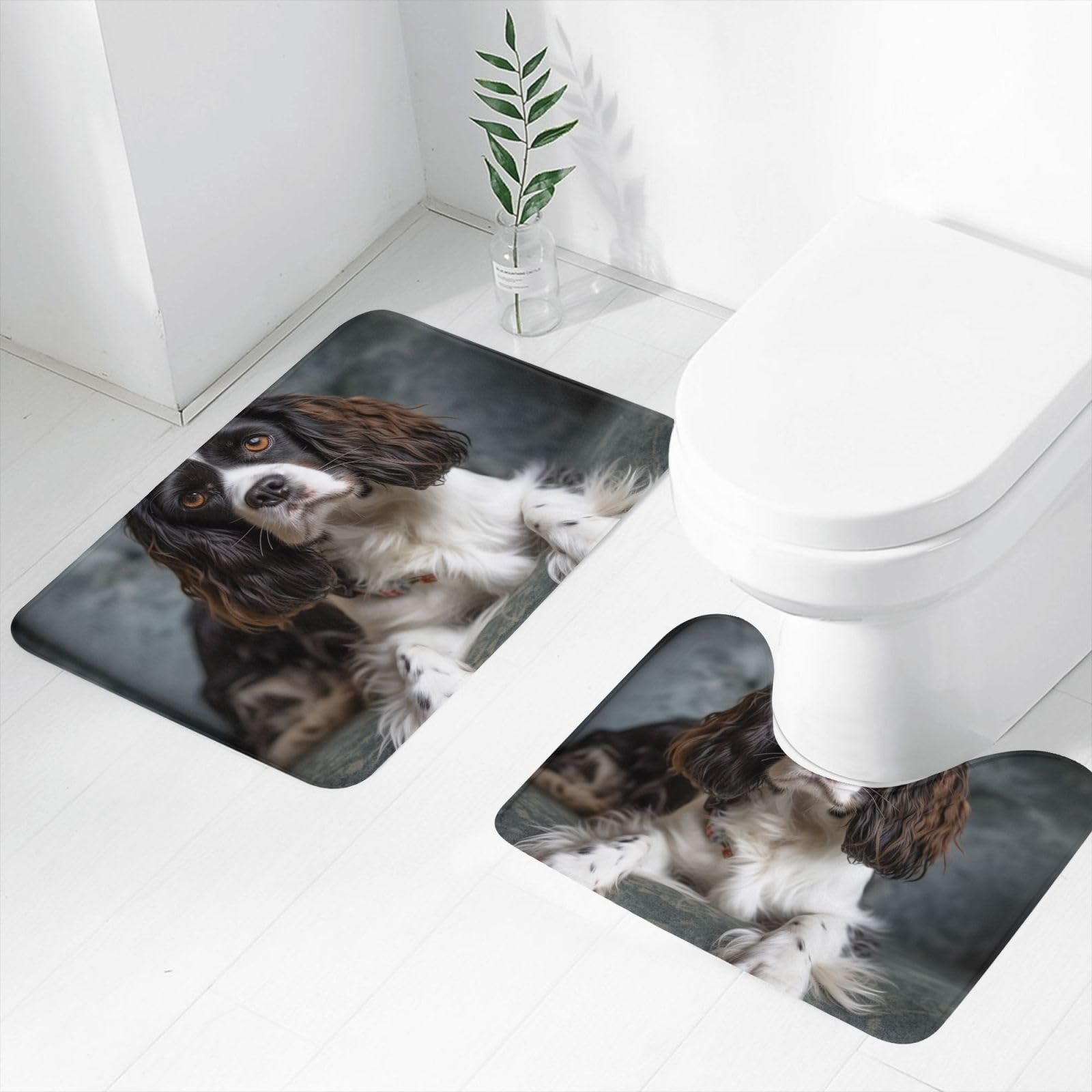 Tapis de bain doux épagneul et tapis de toilette en U antidérapant - Lot de 2
