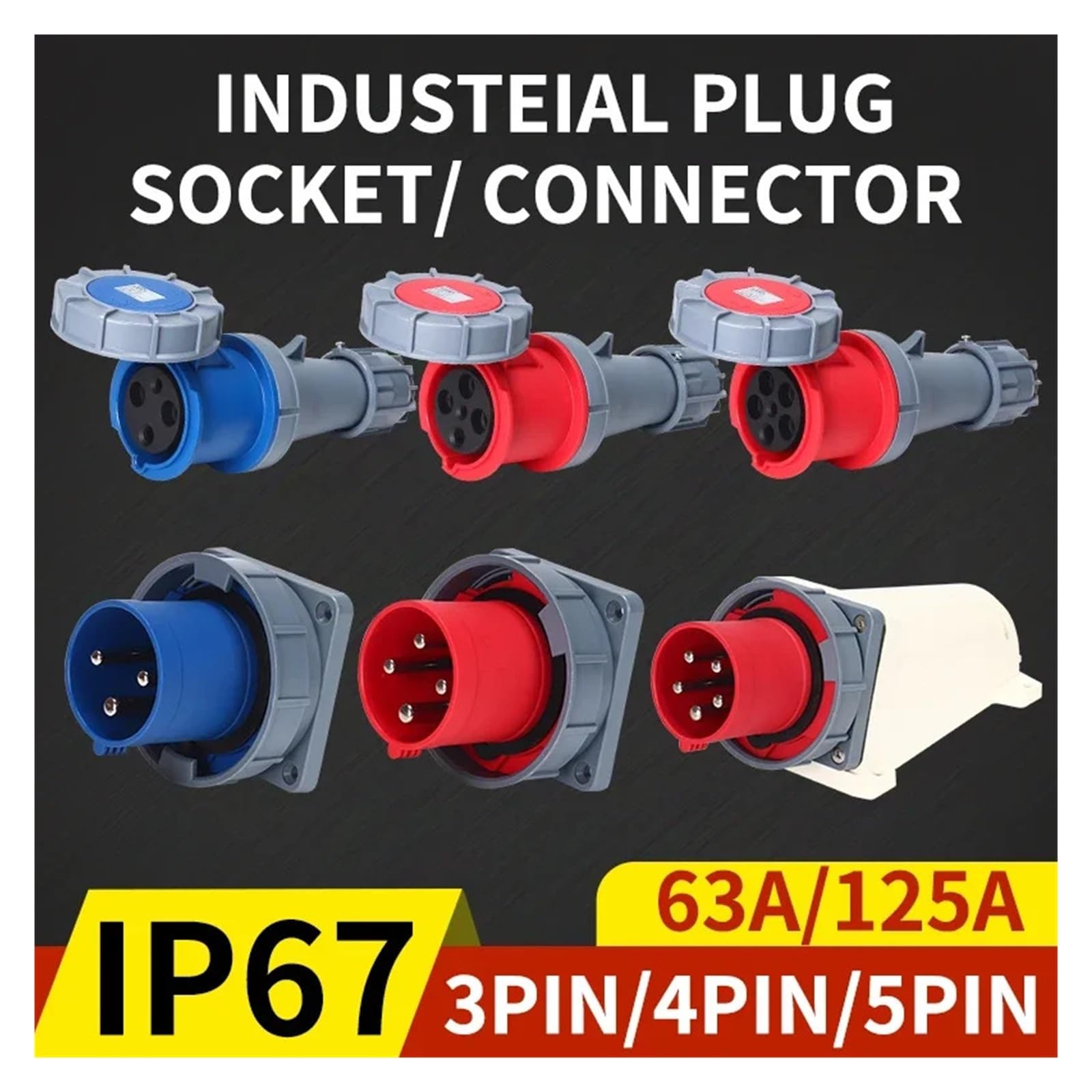 Spina e Presa Industriale 3P/4P/5 Pin connettore Elettrico 63A 125A IP67 Impermeabile a Parete Maschio Femmina 220V 380V(Mounted,125A-4P)
