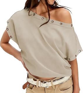 Womens Off the Shoulder Eyelet Short Sleeve Top, Y2K Going Out Tee | Edgy asymmetrical grommet off-shoulder top, ideal as concert tops and stylish going out tops for women.