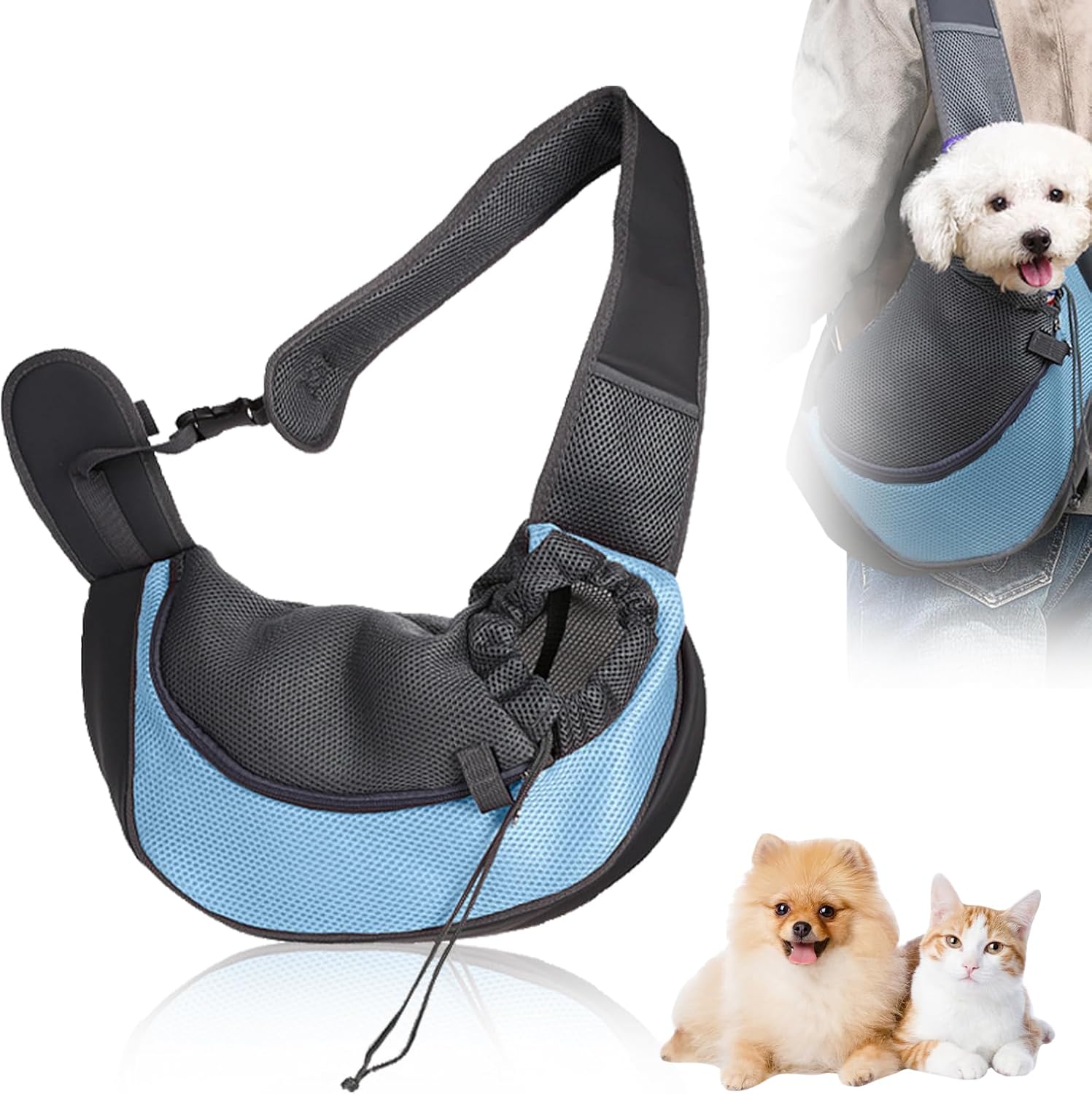 Hundetragetasche, verstellbare Tragetasche, Hund bis 5 kg, Hundetragetasche, Transporttasche mit Kordelzug, atmungsaktives Netz-Hundetragetuch für kleine Hunde, Katzen, Outdoor-Aktivitäten
