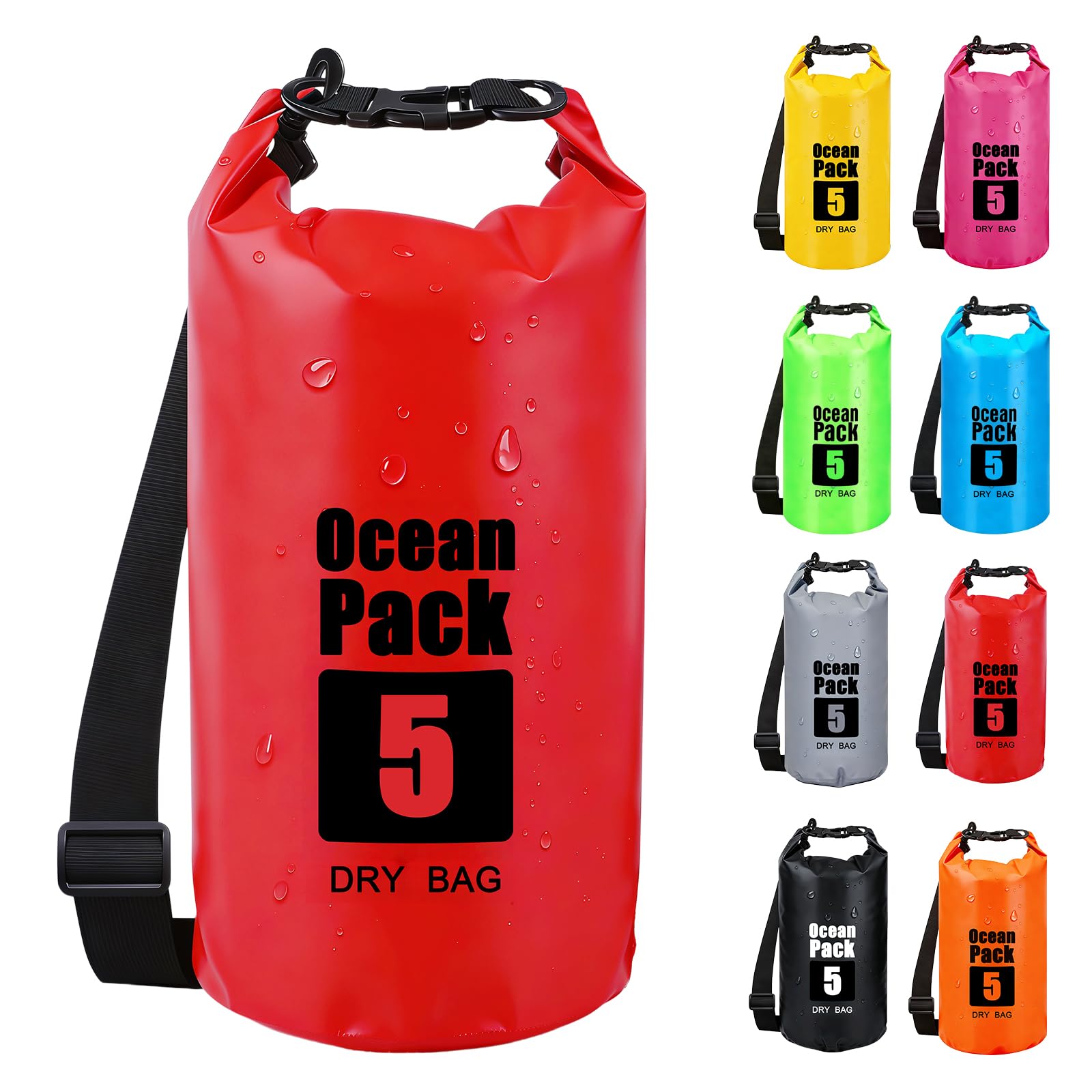 RONGZUBAT 5L Waterproof Dry Bag with Adjustable Shoulder Strap, Roll Top Dry Sack, Lightweight Waterproof Bag for Kayaking, Paddle Boarding, Boating, Beach, Swimming, Camping and Travel - Red