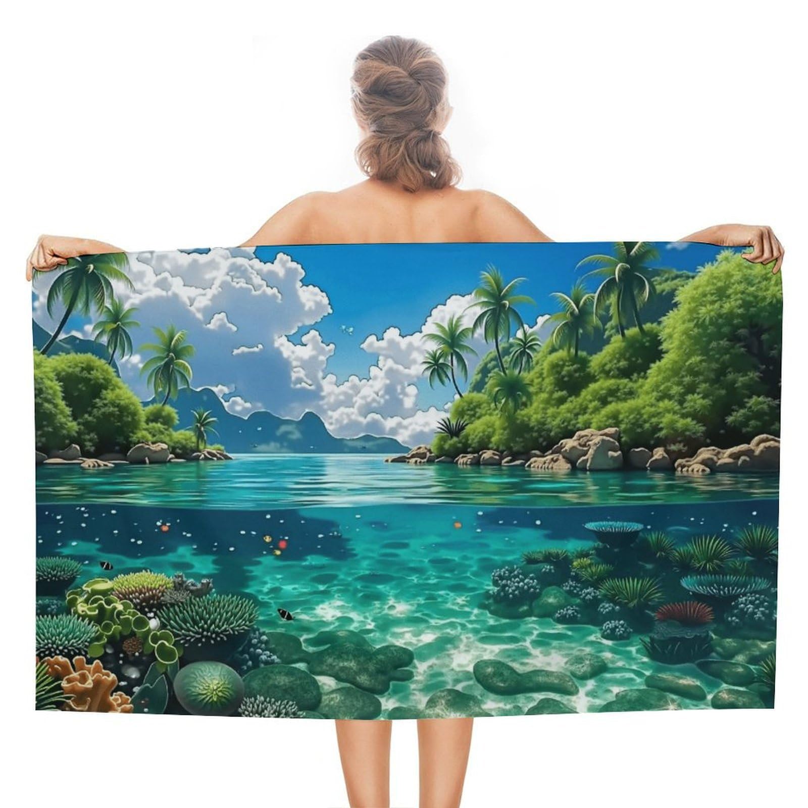 Anceky Tropical Paradise Scene Beach Towel Microfiber Soft Absorbent Oversized Large Bath Towel Blanket Thin Quick Dry for Adults Swimming Pool Yoga Gym Travel 51"X31"