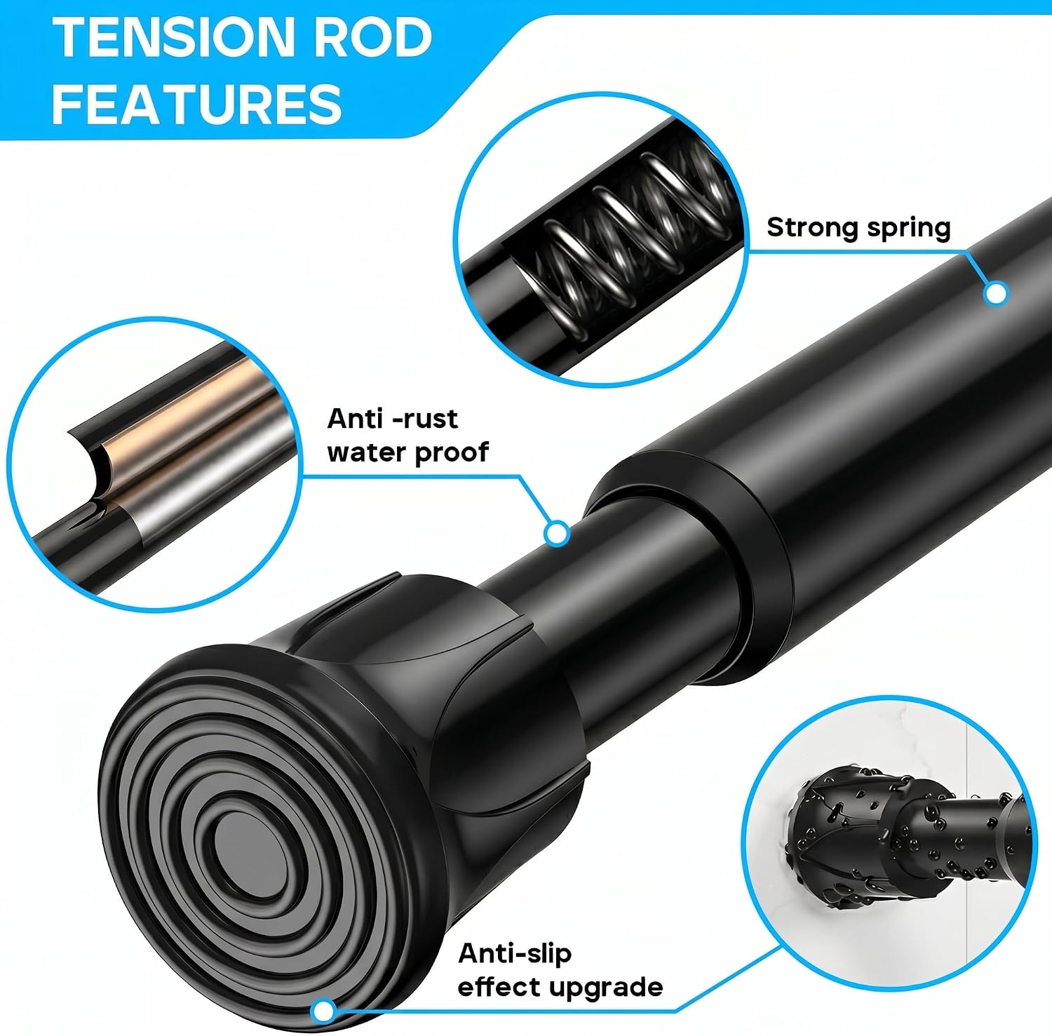 MEXAU Tension Curtain Rod 28-48 Inch, 1/2" Diameter Tension Rod, Black