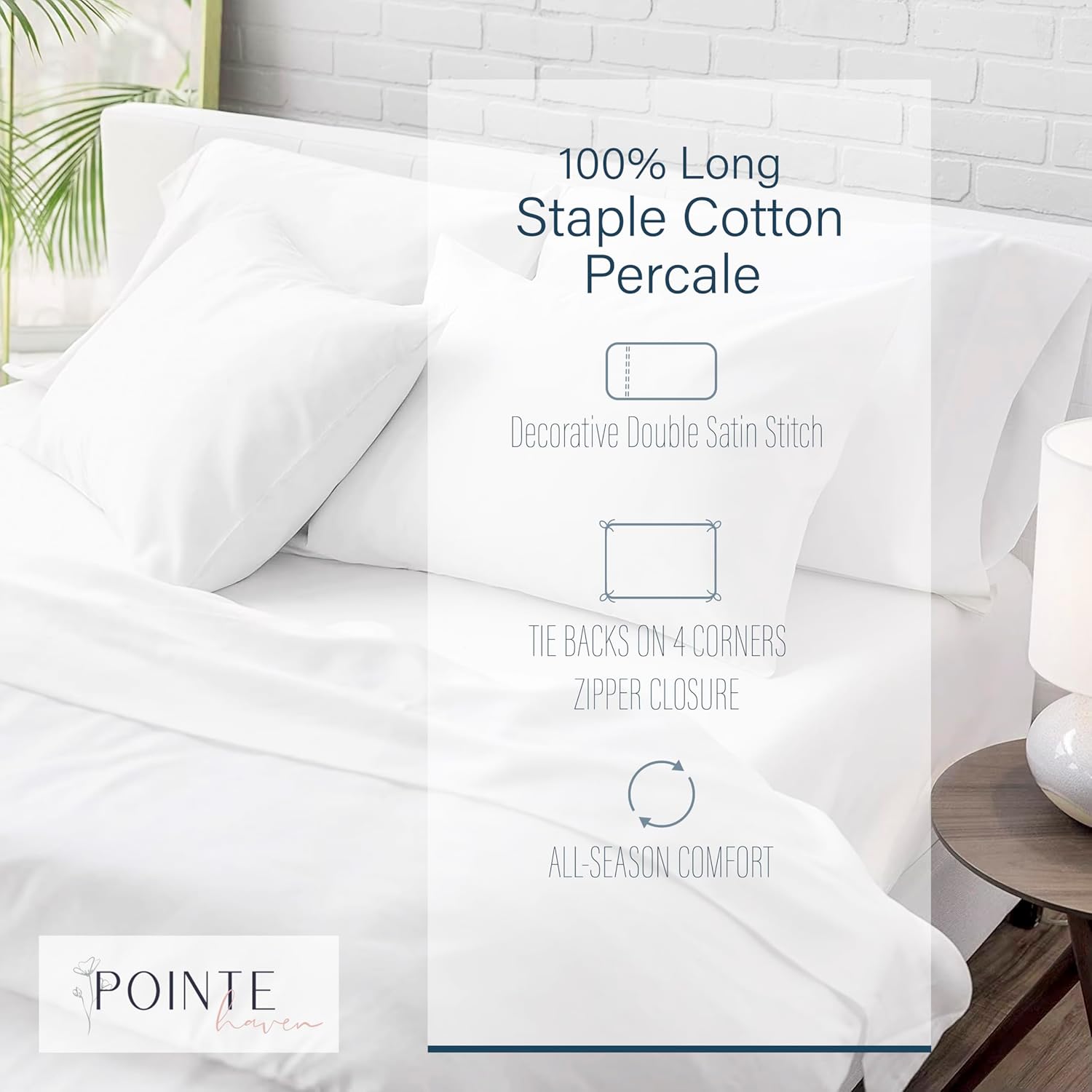 Pointehaven 300 TC Percale 100% Long Staple Cotton Double Satin Stitch Duvet Set (White-Blue, King/Cal King)