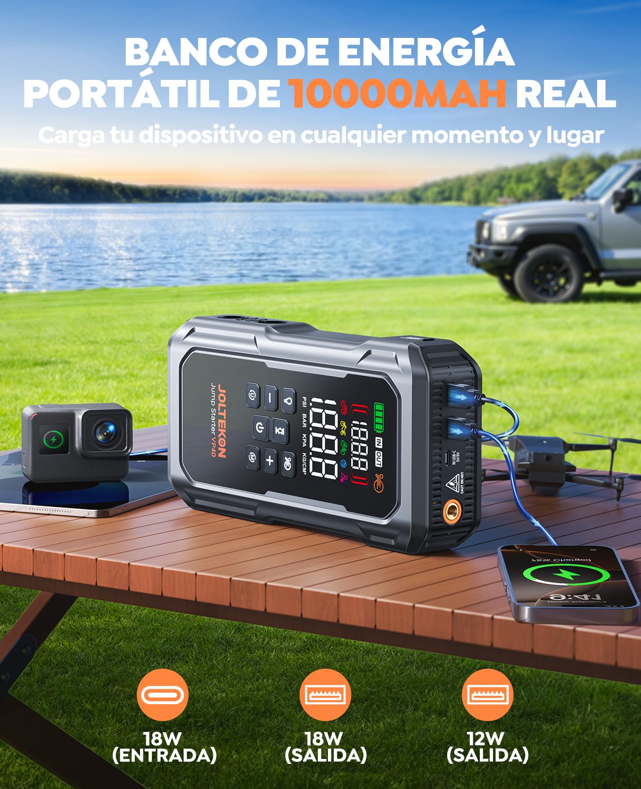 Arrancador de Baterías de Coche con Compresor de Aire y Soplador, 7000A Joltekon 12V Arrancador de Coche Portatil (Todo Gas/12,0L Diesel) con 160PSI Inflador, Soplador de Inflado/Desinflado y Linterna