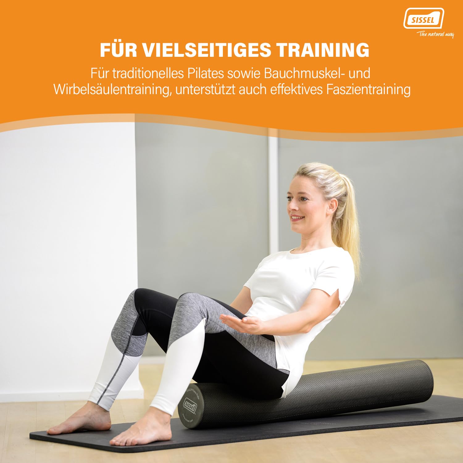 SISSEL Pilates Roller Pro, wytrzymały kauczuk, idealny dla początkujących i zaawansowanych, wszechstronny trening w domu i studio, długość: 90 cm, kolor: szary