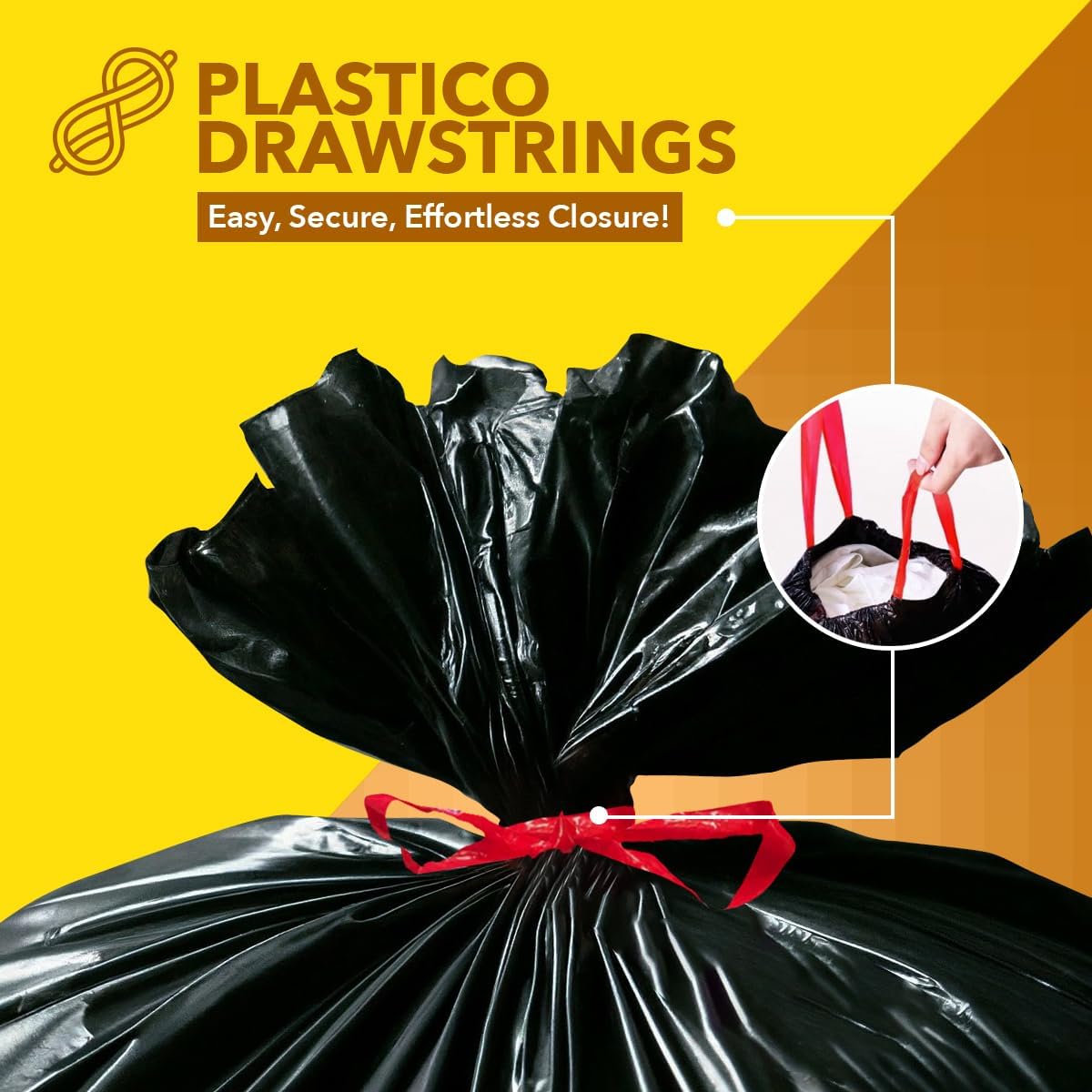Plastico Large Trash Bags - 30 Gallon, Black, 90 Garbage Bags, Extra Strong, Easy Drawstrings - Odor Guard Control, Unscented, 1.2 Mil Extra Thick Plastic