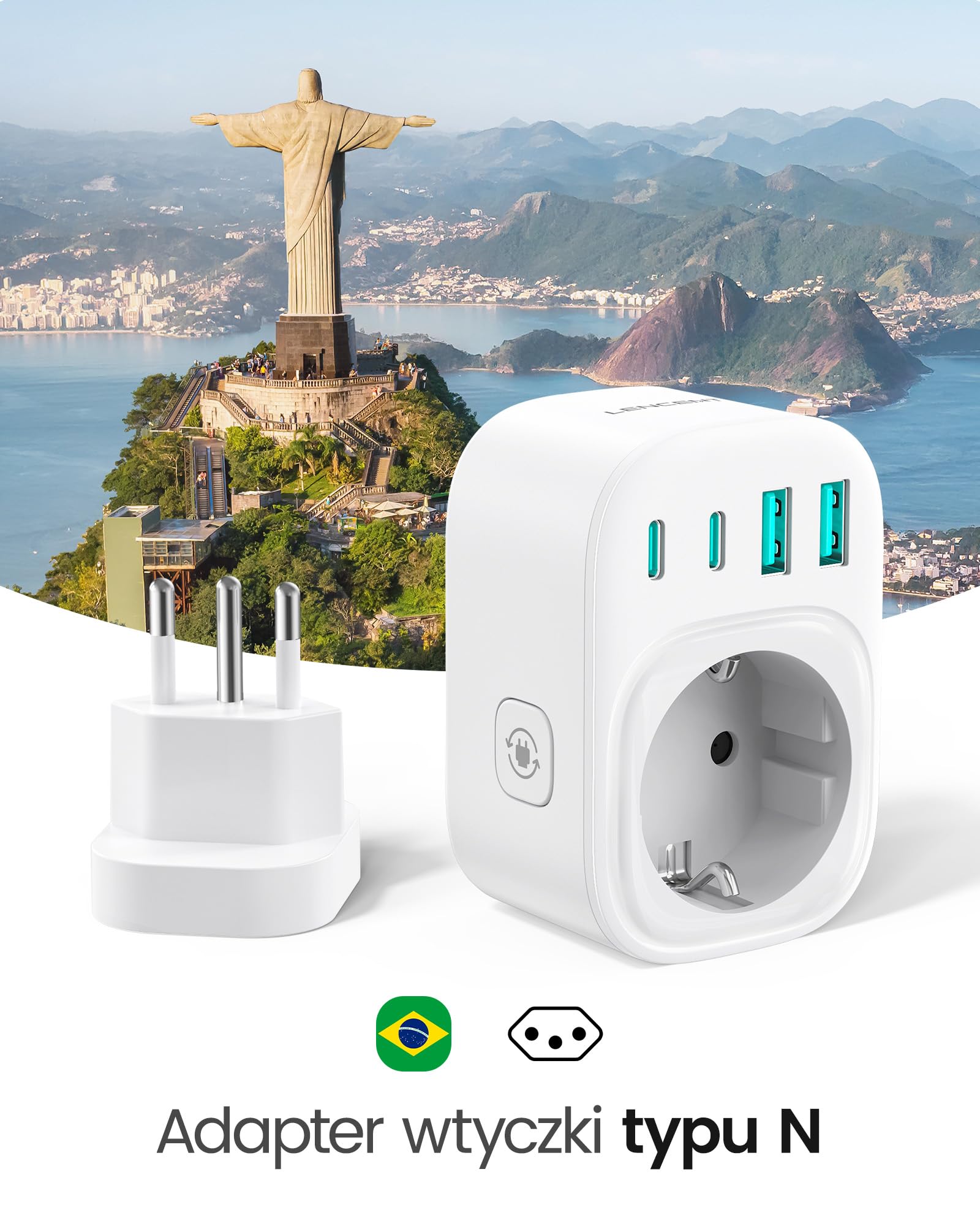LENCENT Adapter podróżny 5 w 1 Brazylia, typ N do gniazdka brazylijskiego | europejski na Brazylię, adapter wtykowy z 2 portami USB-C i 2 portami USB-A, maks. 2500 W