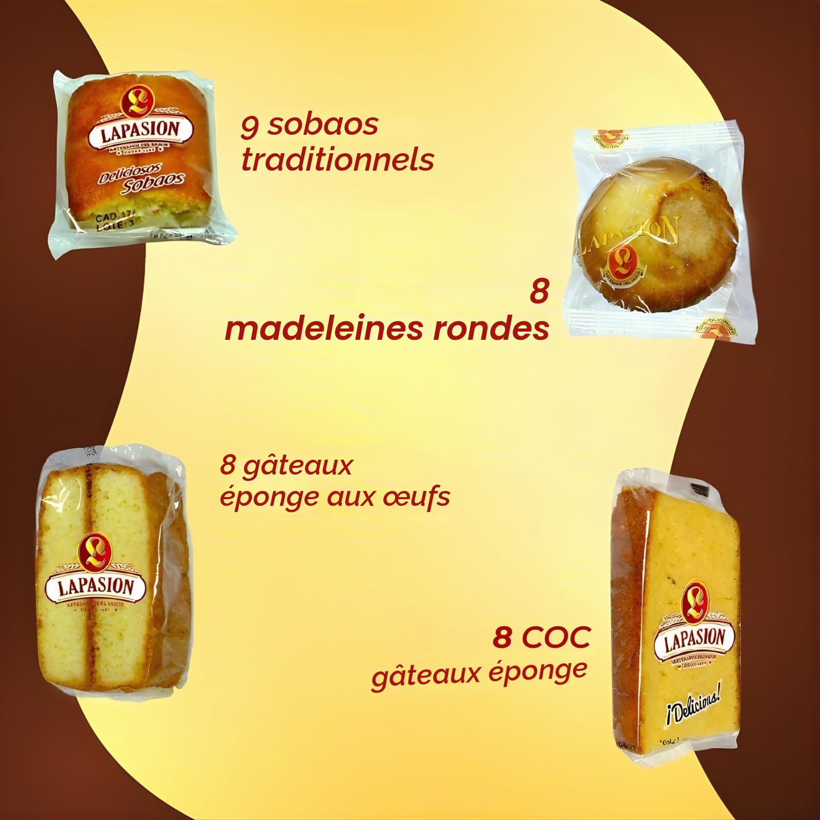 Boîte assortie pour petit-déjeuner | Sobaos traditionnels | Gâteaux pépitos à l'œuf | Gâteau Coc | Cupcakes ronds | Idéal pour goûter et petit déjeuner