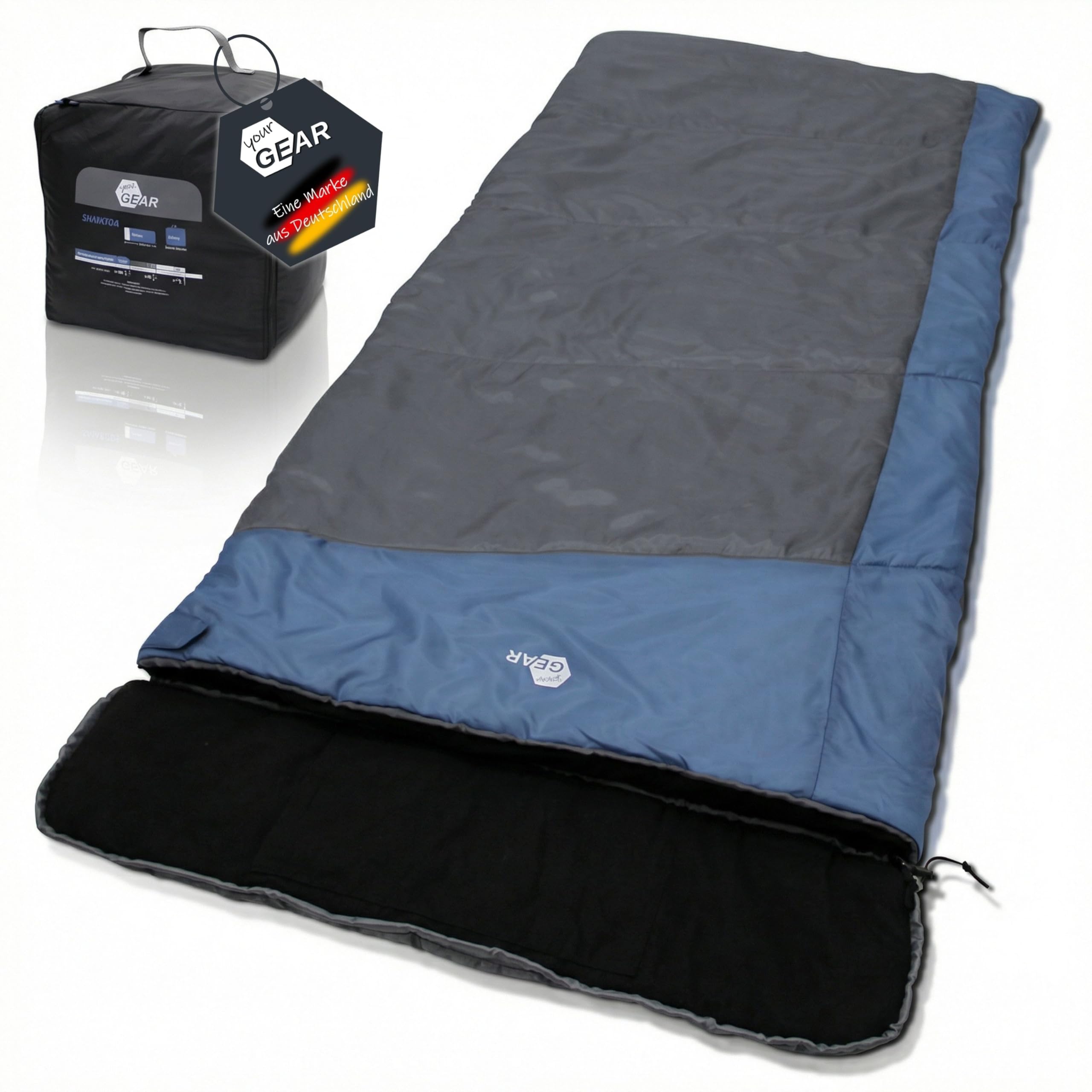 your GEAR XXL Sac de Couchage Sumatra -7°C Sac de Couchage rectangulaire 230x100 cm Doublure en Coton Bleu Gris Partie Amovible pour la tête