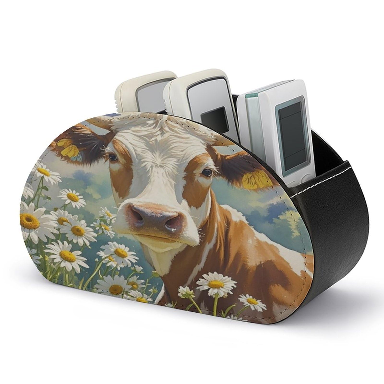 LZQPOEAS Watercolor Cow And Daisy Flower Remote Control Holder with 5 Compartments PU Leather Remote Organizer Box Caddy for Table Nightstand Remote Caddy Desktop Organizer Fits Media Controllers