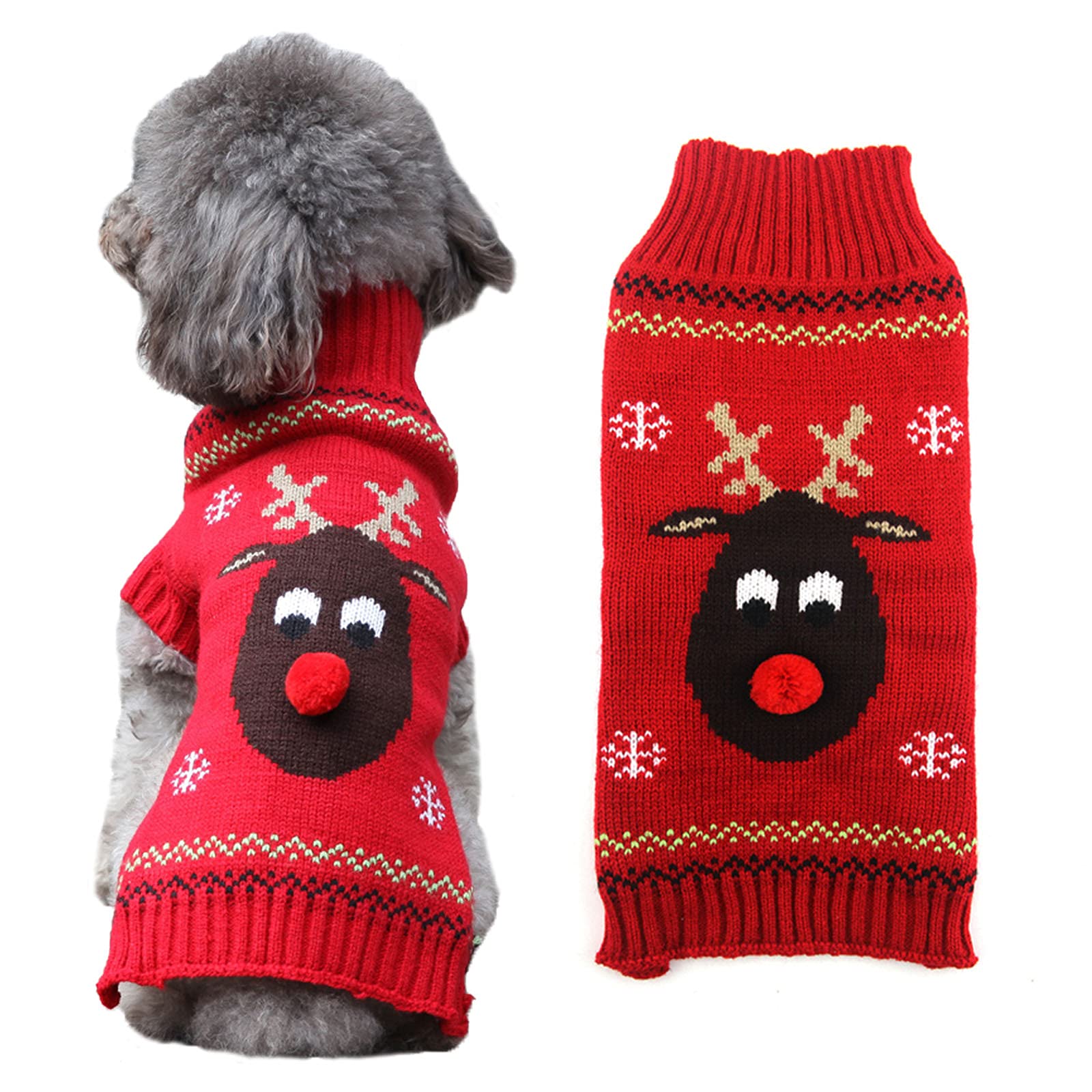 HRTTSY Christmas Dog Sweater Cute Cartoon Red Black Reindeer Ugly Sweaters Winter Warm Knitwear Jumper Pet Cold Weather Outfit Funny Clothes Xmas Holiday Festive Sweaters for Small Medium Dogs Cats